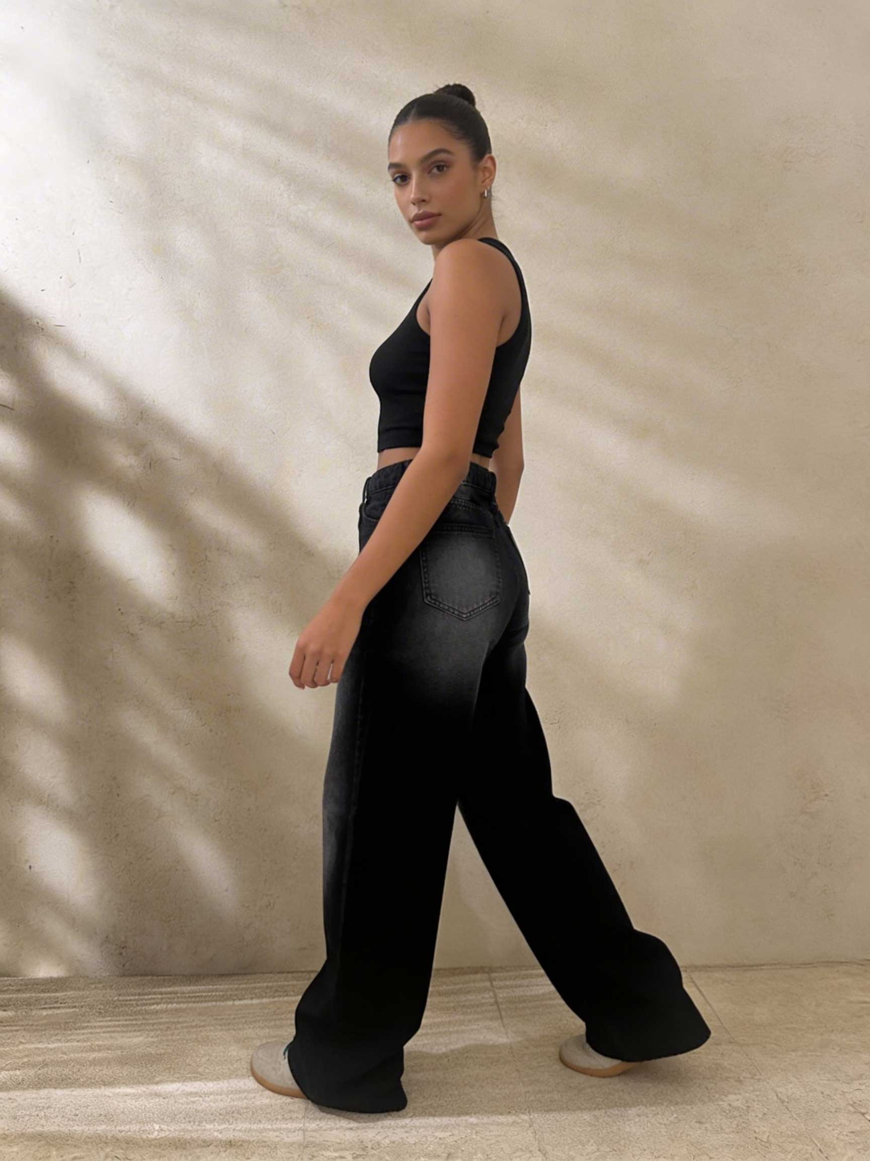Crossover Wide-Leg – High-Waist Faded Washed Black Jeans Wide Leg CIZARO - Cizaro Jeans