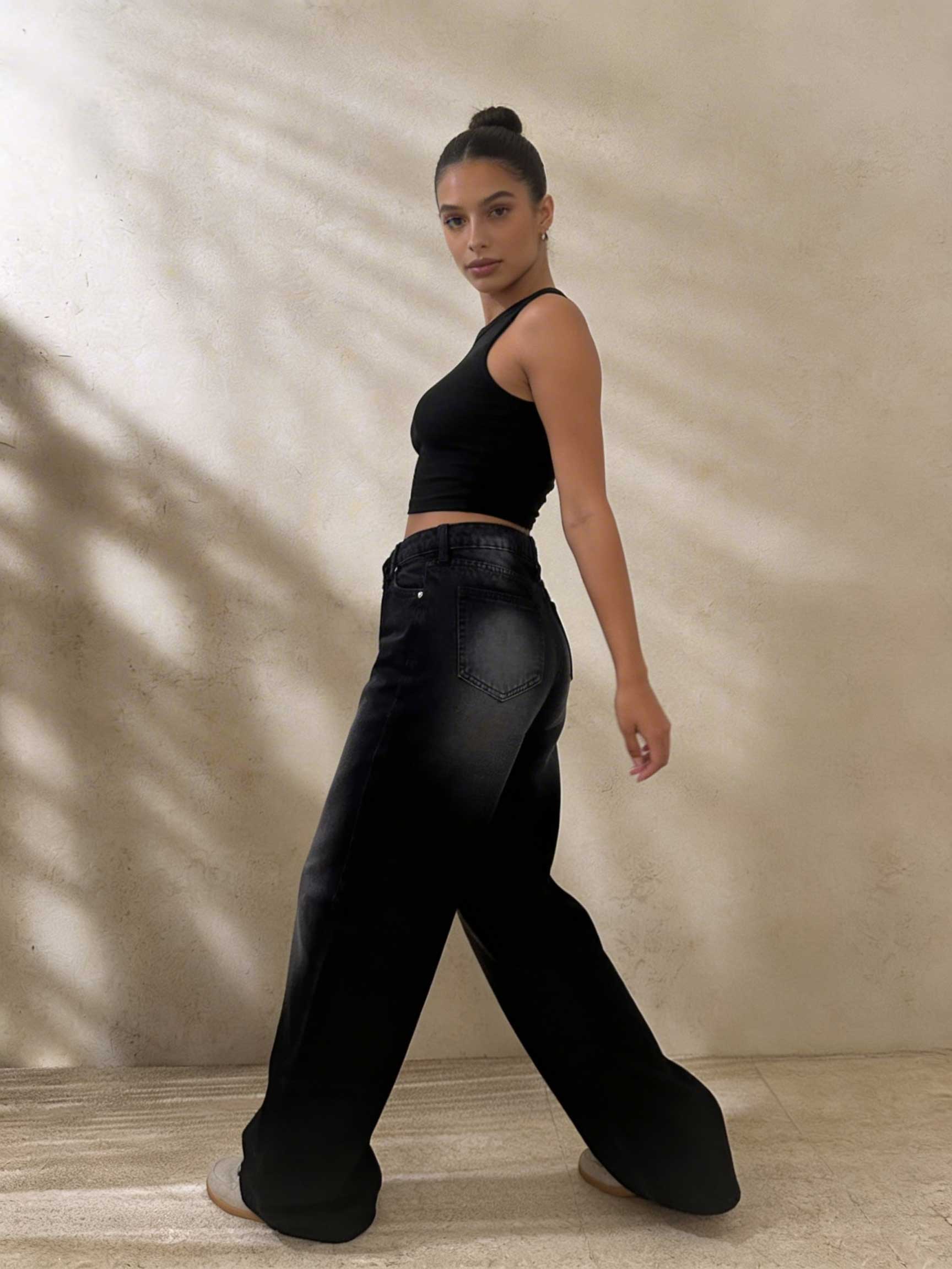 Crossover Wide-Leg – High-Waist Faded Washed Black Jeans Wide Leg CIZARO - Cizaro Jeans