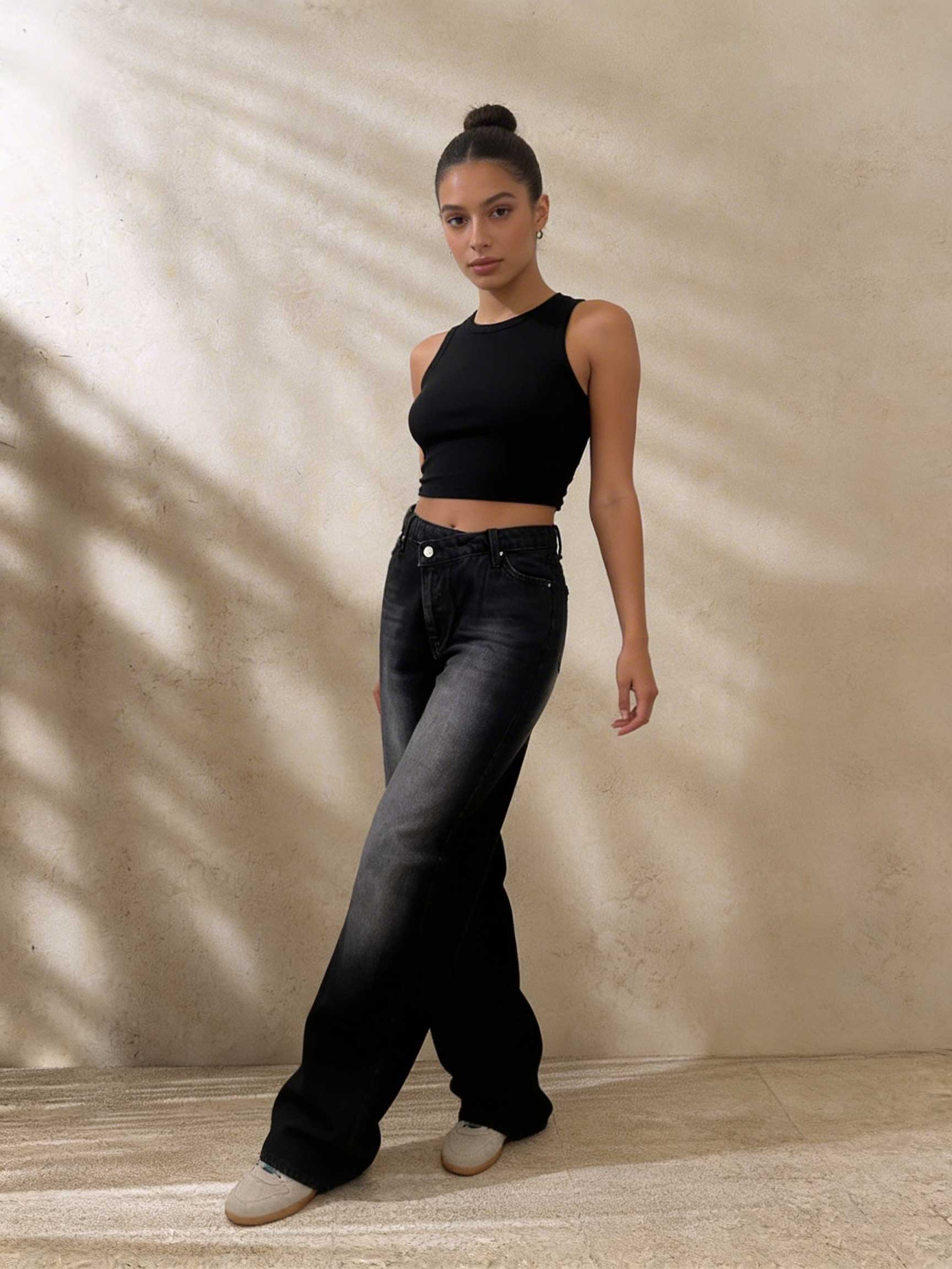 Crossover Wide-Leg – High-Waist Faded Washed Black Jeans Wide Leg CIZARO - Cizaro Jeans