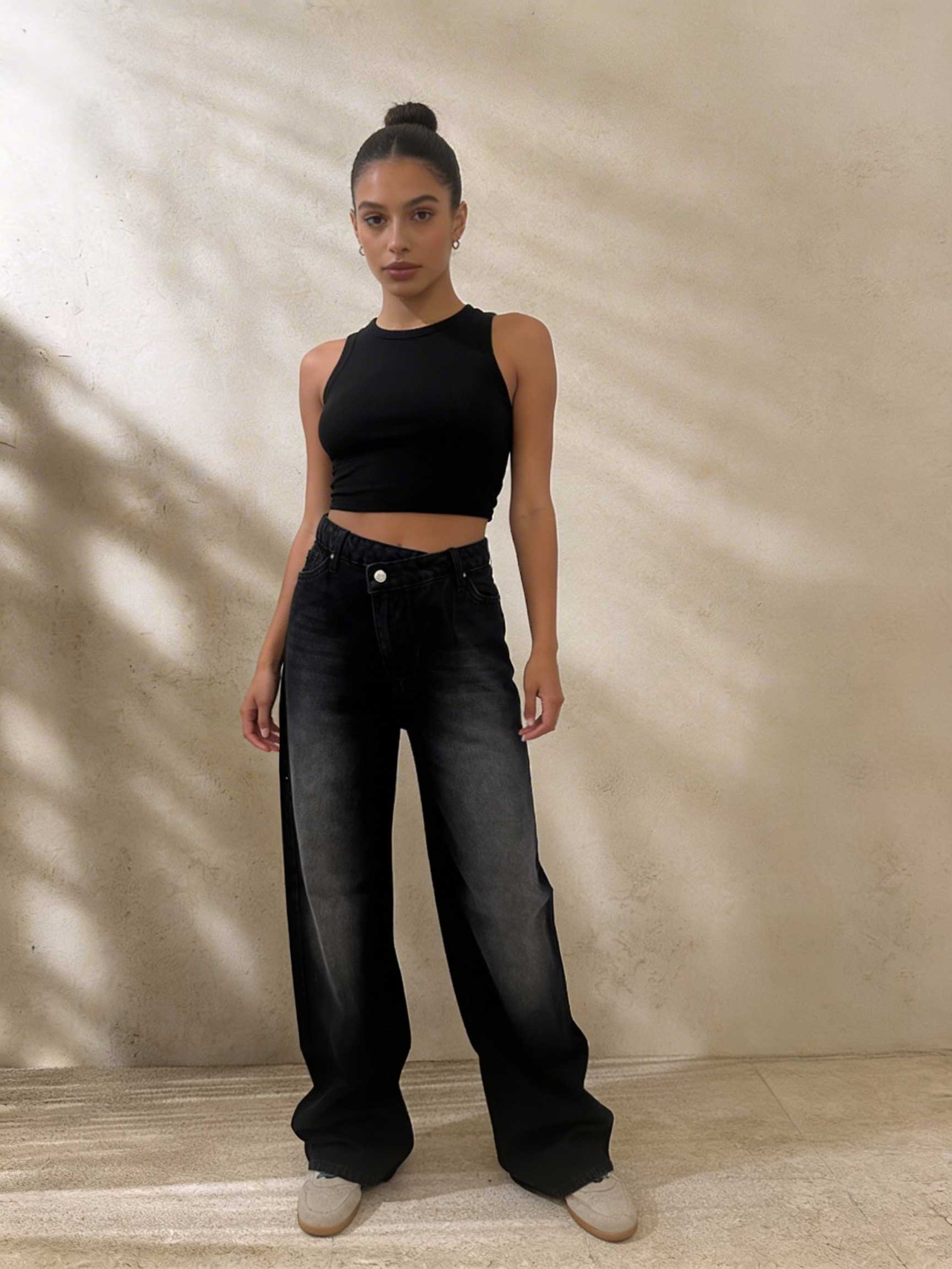 Crossover Wide-Leg – High-Waist Faded Washed Black Jeans Wide Leg CIZARO - Cizaro Jeans