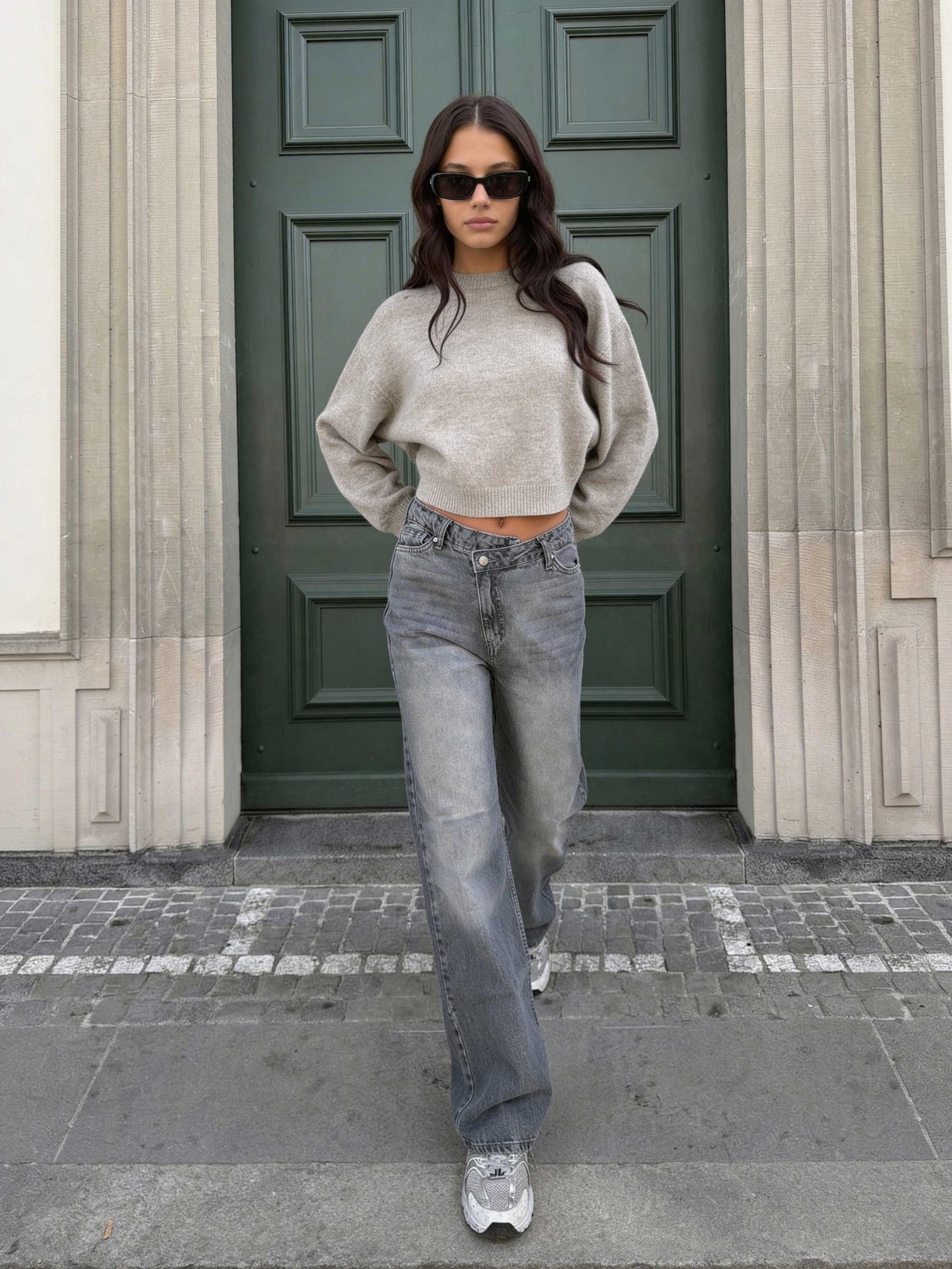 Crossover Wide leg High waist , Mid Acid Washed Grey jeans Wide Leg CIZARO - Cizaro Jeans