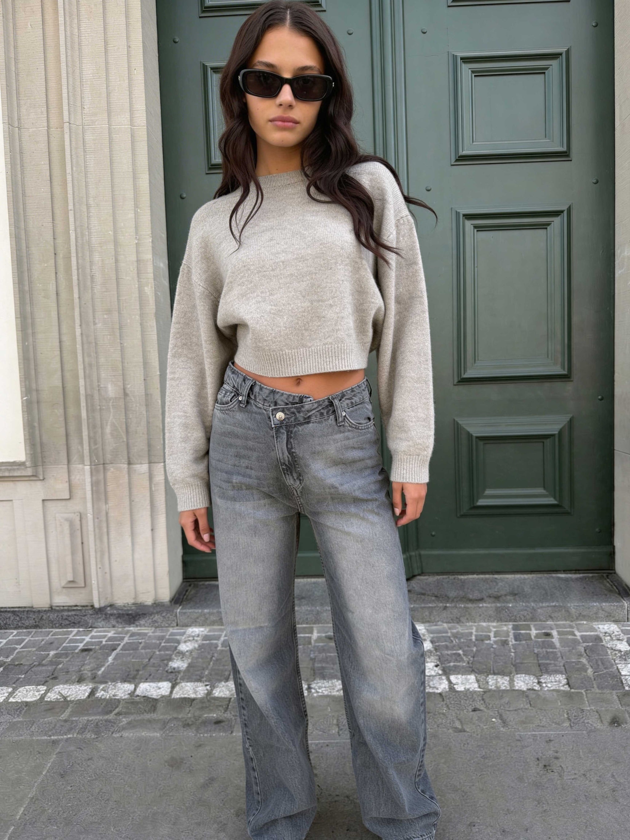 Crossover Wide leg High waist , Mid Acid Washed Grey jeans Wide Leg CIZARO - Cizaro Jeans