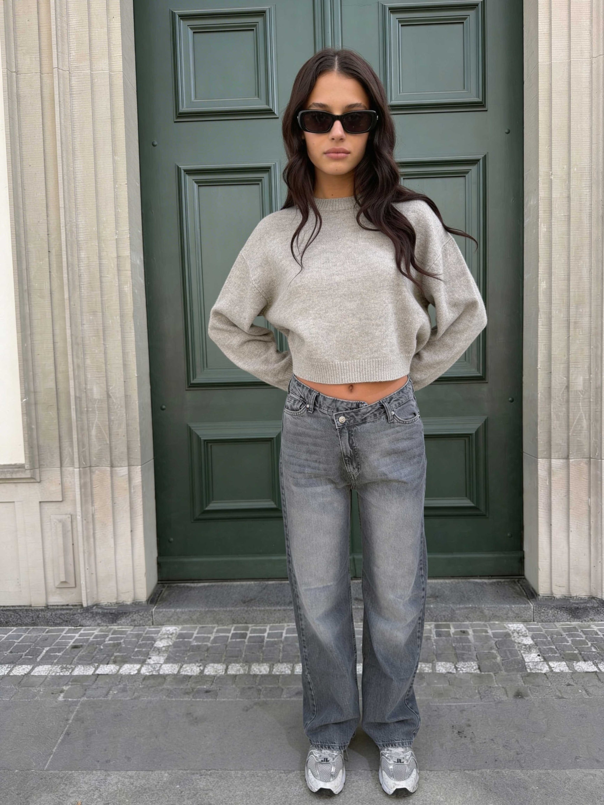 Crossover Wide leg High waist , Mid Acid Washed Grey jeans Wide Leg CIZARO - Cizaro Jeans
