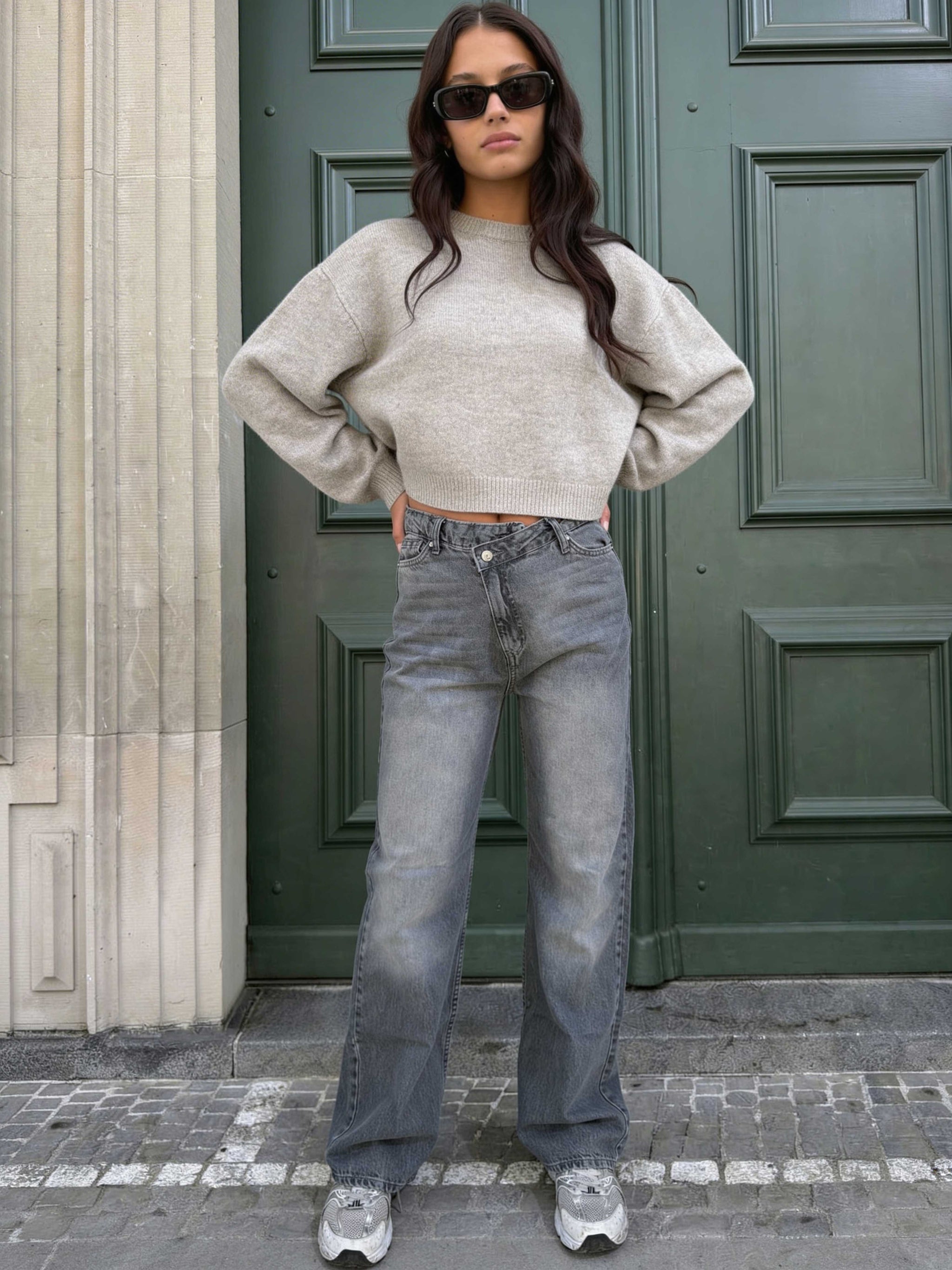 Crossover Wide leg High waist , Mid Acid Washed Grey jeans Wide Leg CIZARO - Cizaro Jeans