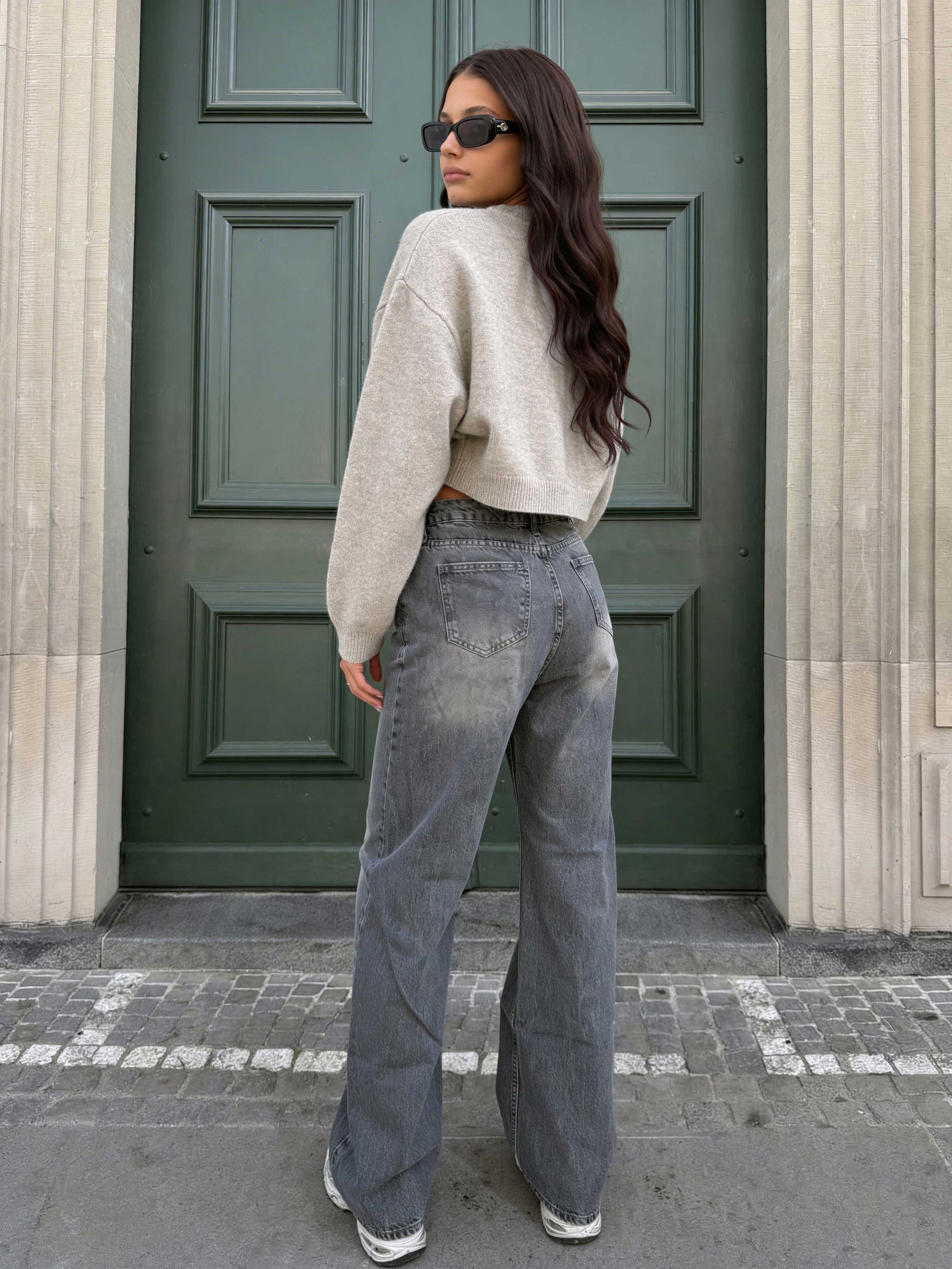 Crossover Wide leg High waist , Mid Acid Washed Grey jeans Wide Leg CIZARO - Cizaro Jeans