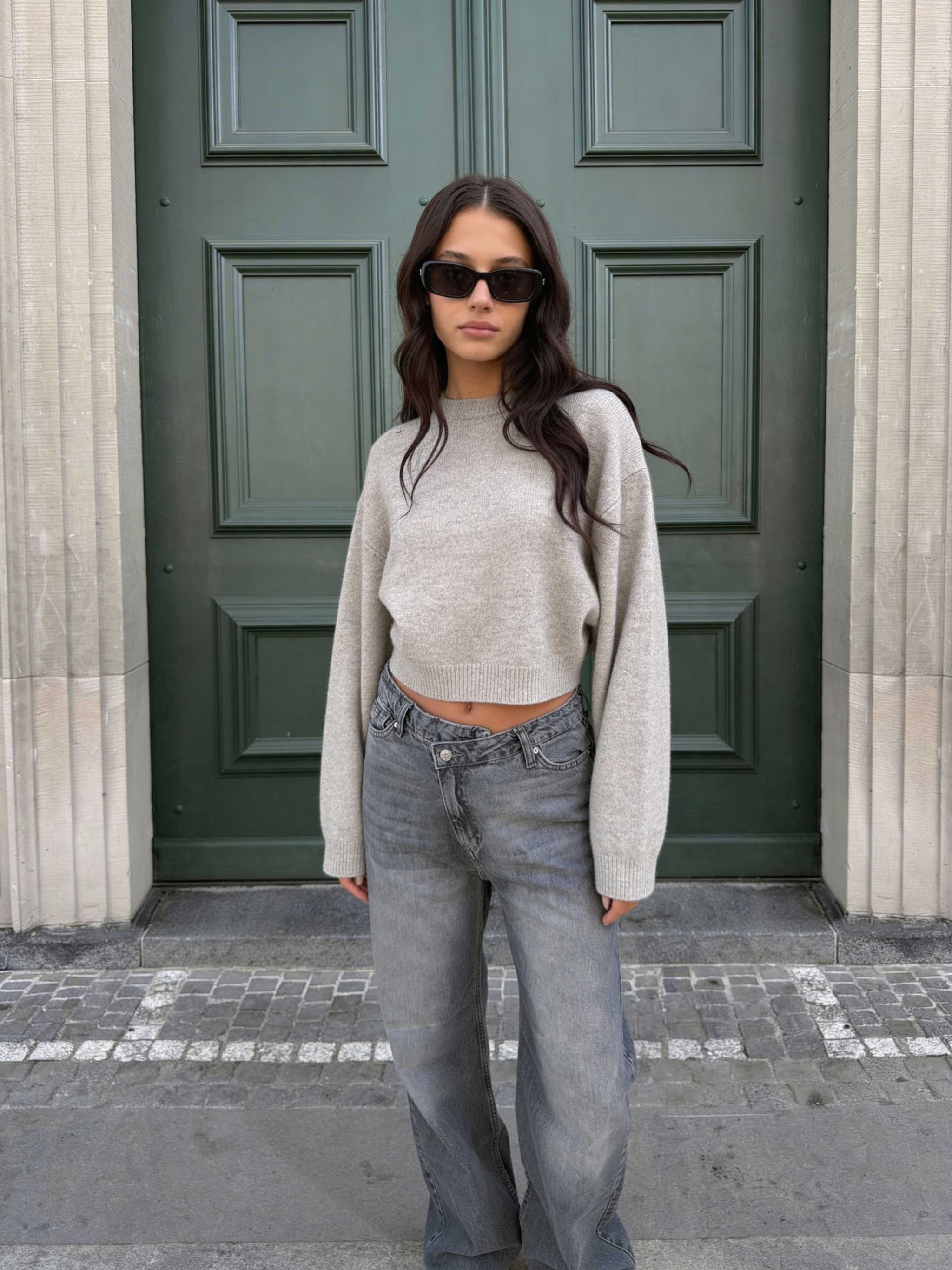 Crossover Wide leg High waist , Mid Acid Washed Grey jeans Wide Leg CIZARO - Cizaro Jeans