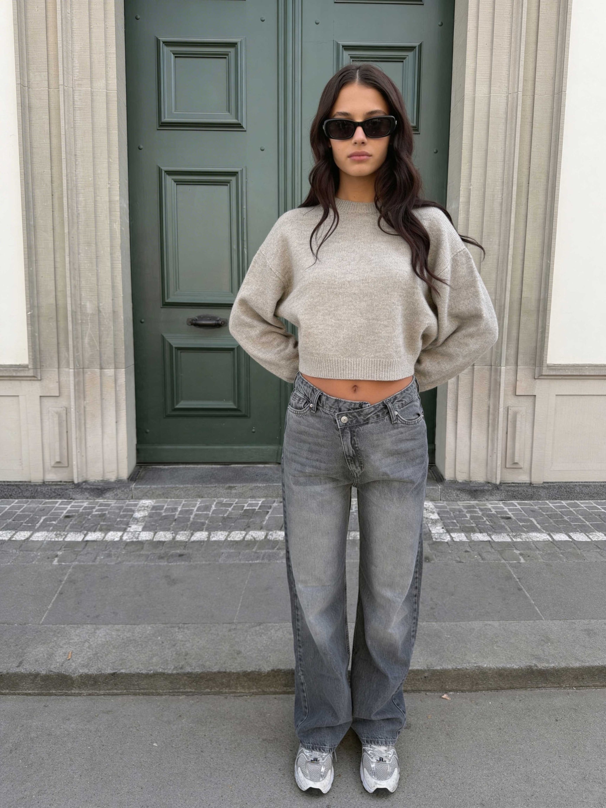 Crossover Wide leg High waist , Mid Acid Washed Grey jeans Wide Leg CIZARO - Cizaro Jeans