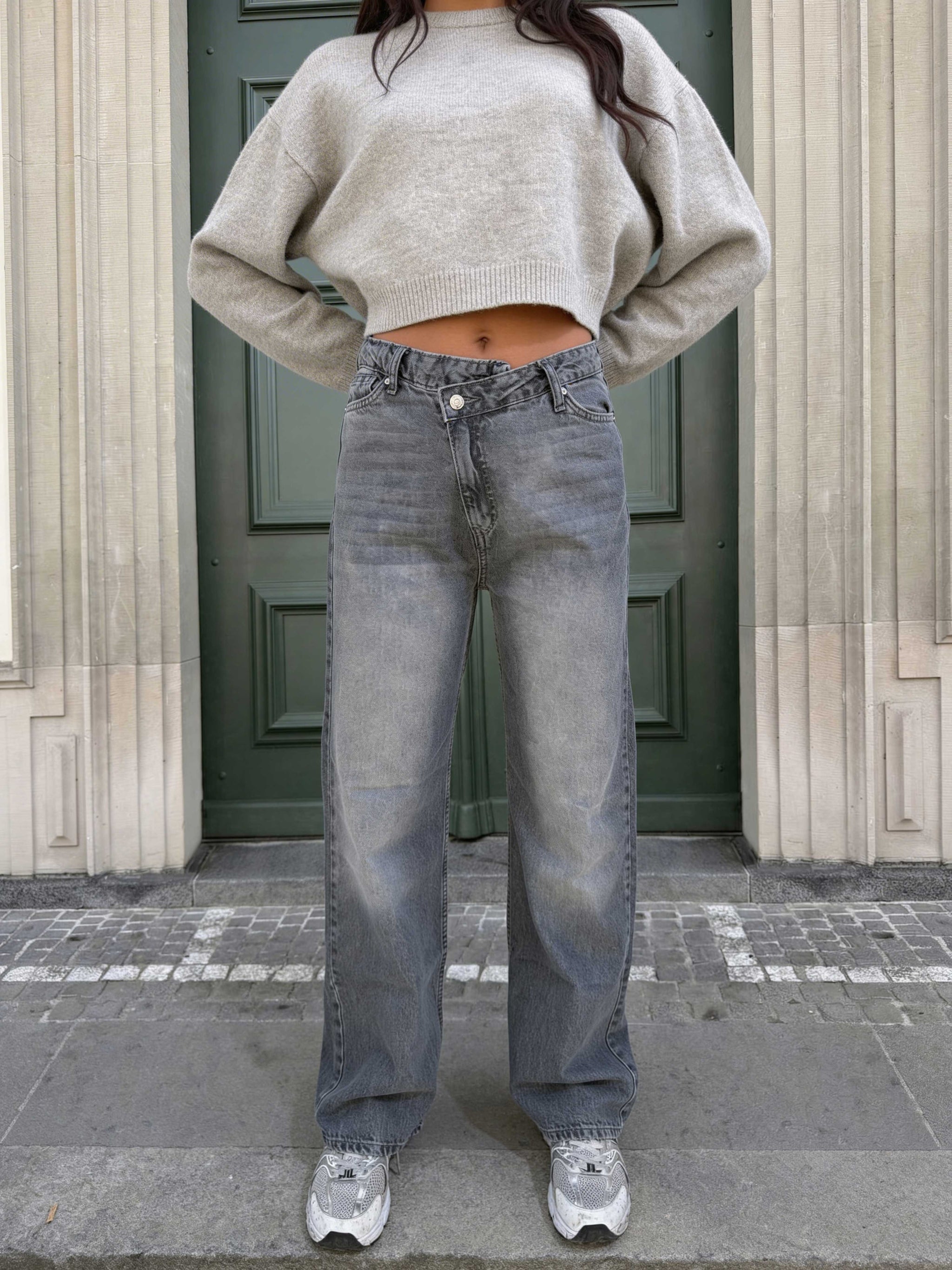 Crossover Wide leg High waist , Mid Acid Washed Grey jeans Wide Leg CIZARO - Cizaro Jeans