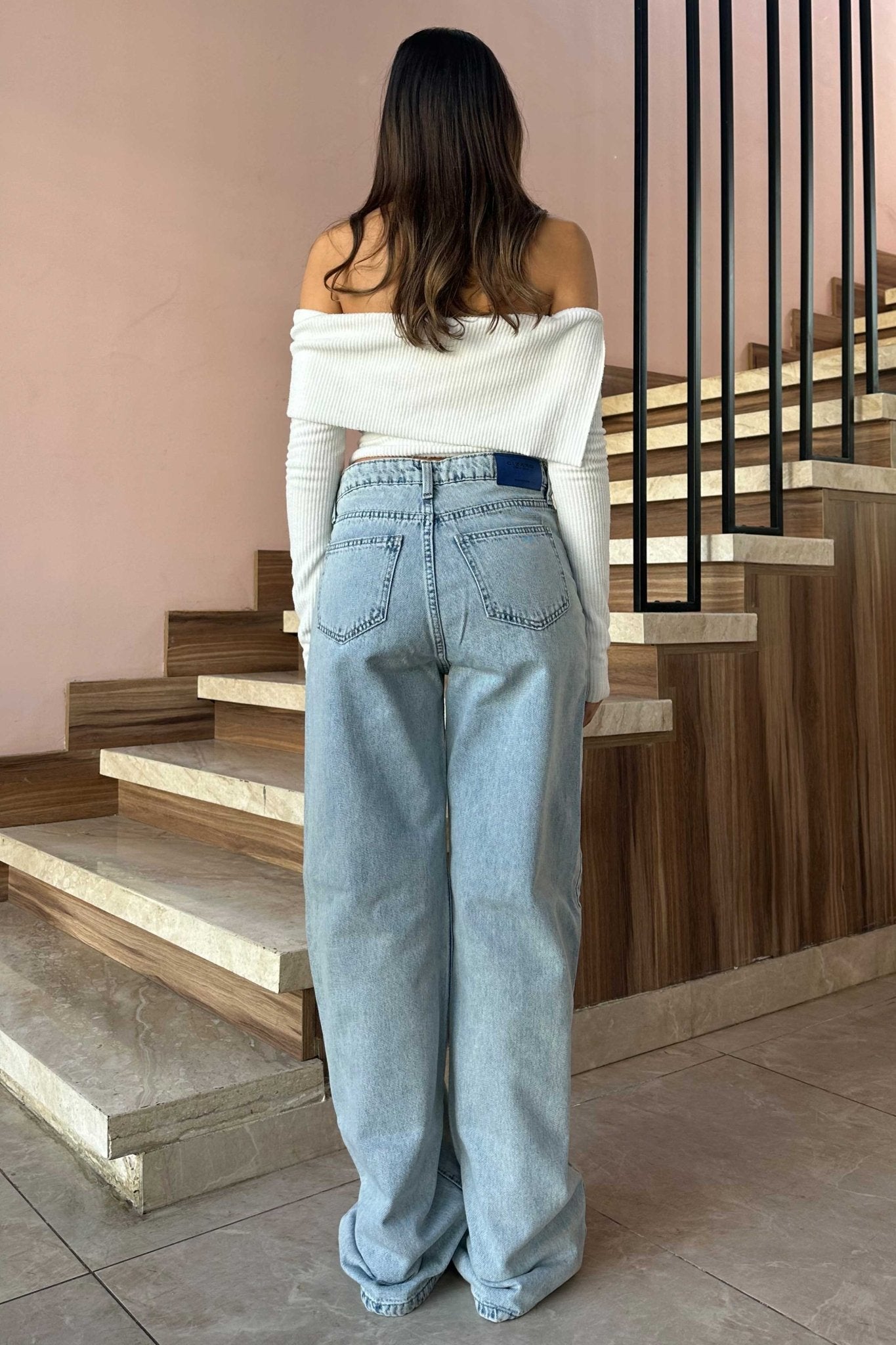 Square Pocket Wide Leg Jeans - Light Blue Wide Leg CIZARO - Cizaro Jeans