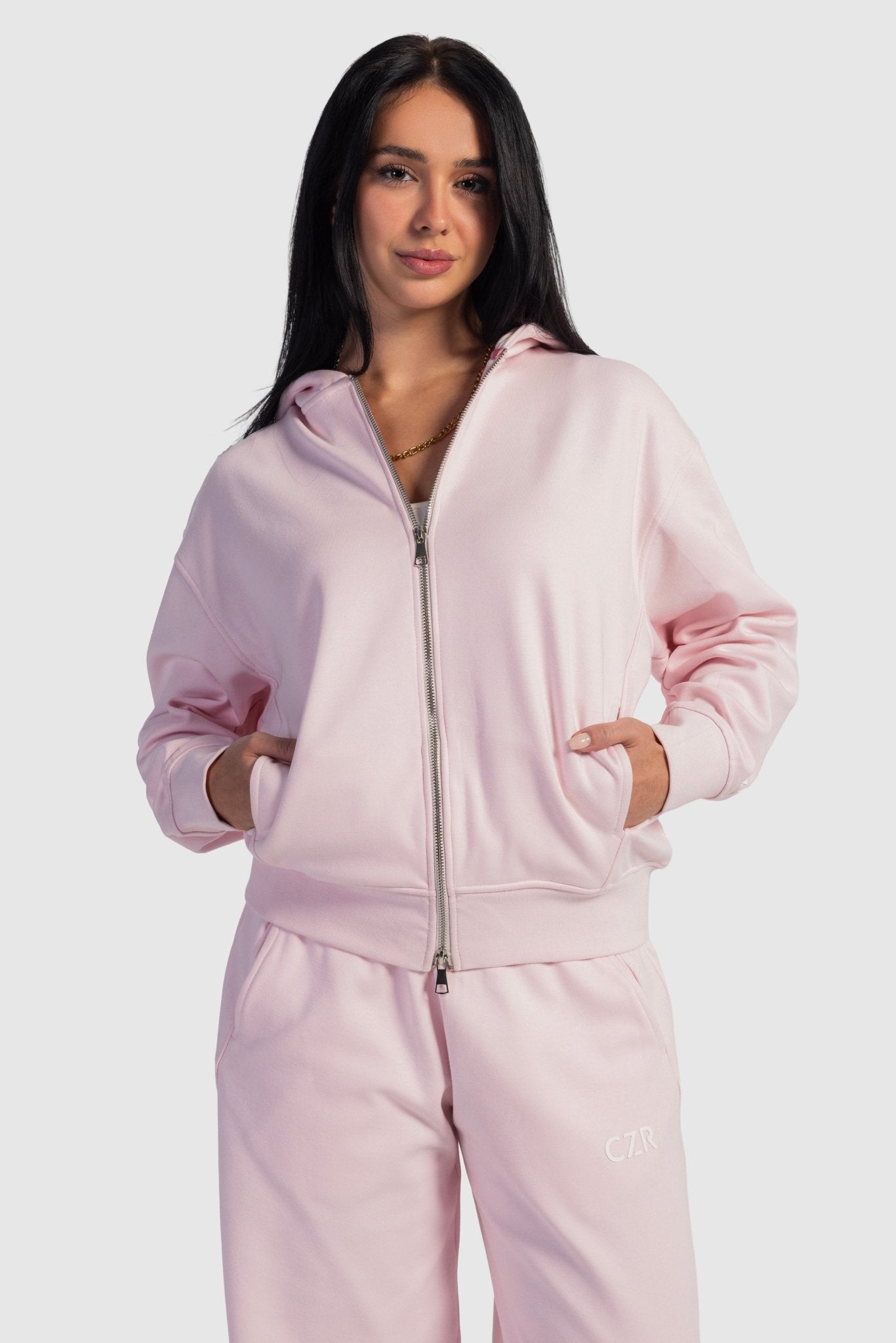 Full-Zip Oversized Hoodie – Blush Pink Hoodie CIZARO - Cizaro Jeans