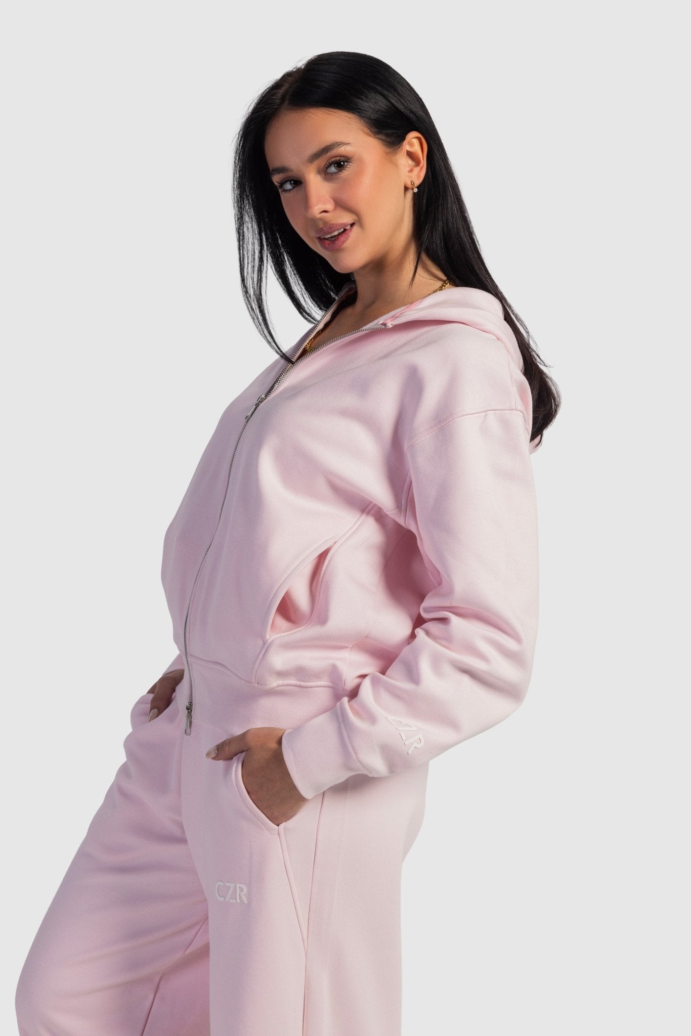 Full-Zip Oversized Hoodie – Blush Pink Hoodie CIZARO - Cizaro Jeans