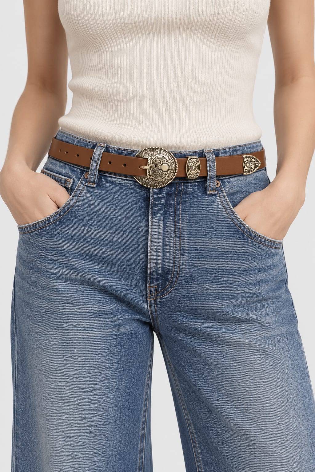 Honey Western Belt with Ornate Gold Buckle