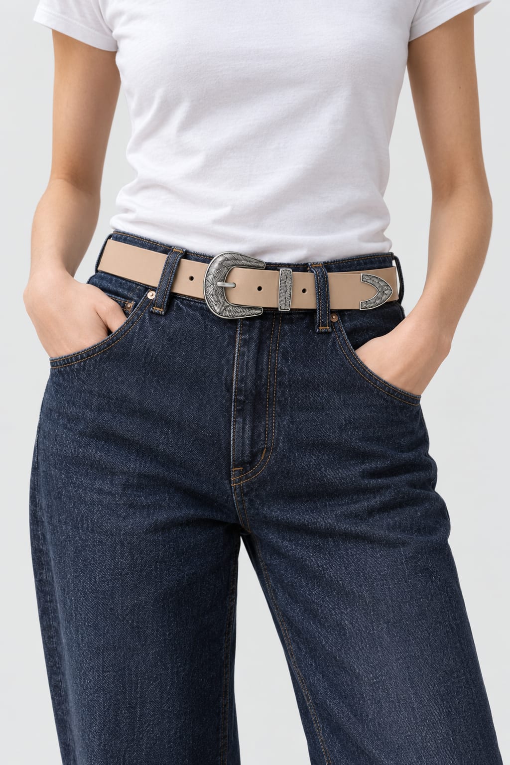 Belt | Beige Western Engraved Antique Silver Hardware