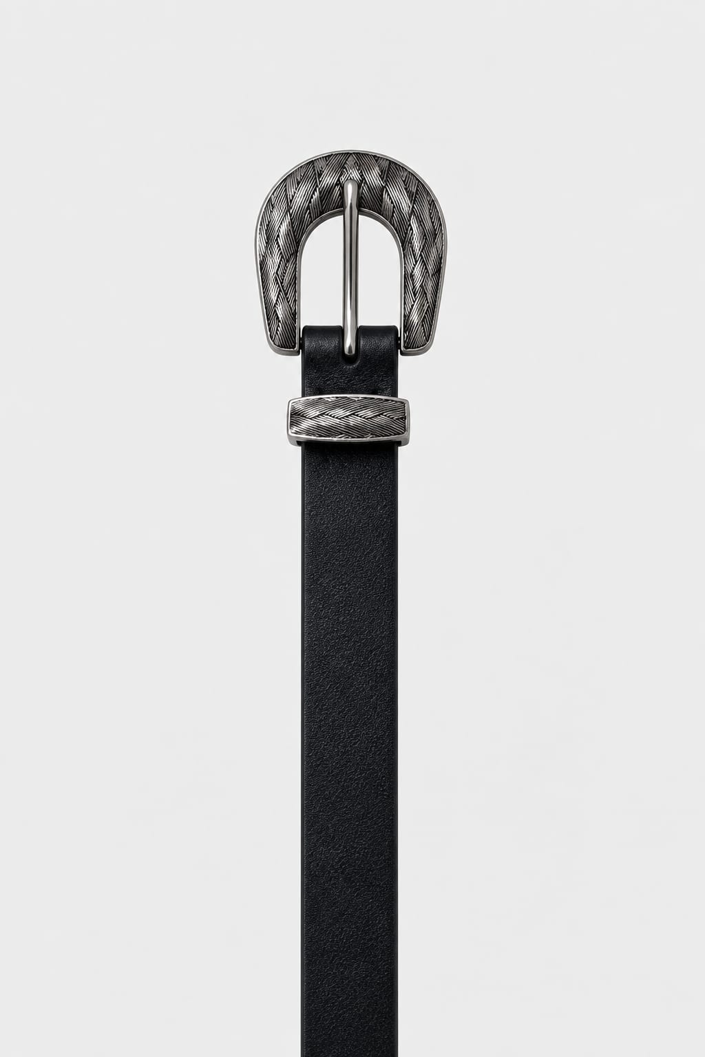 Black Western Belt with Engraved Antique Silver Hardware