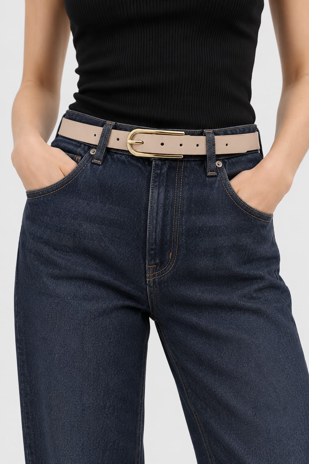 Belt | Beige Slim Gold-Buckle Gold Belt CIZARO - Cizaro Jeans