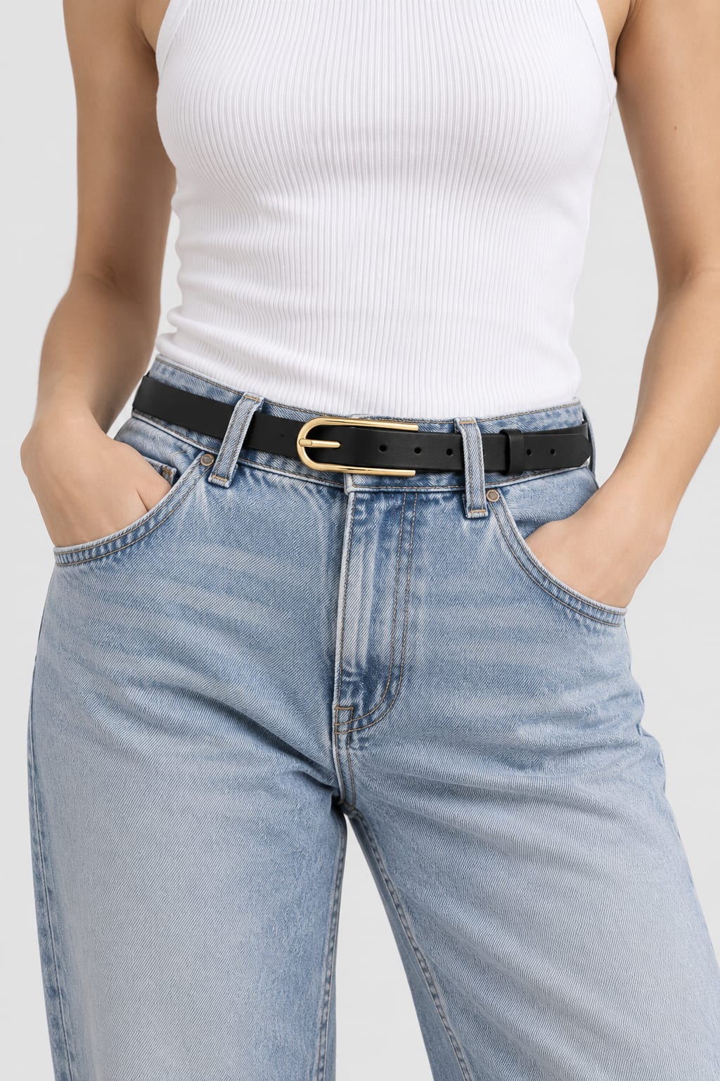 Belt | Black Slim Gold-Buckle Gold Belt CIZARO - Cizaro Jeans