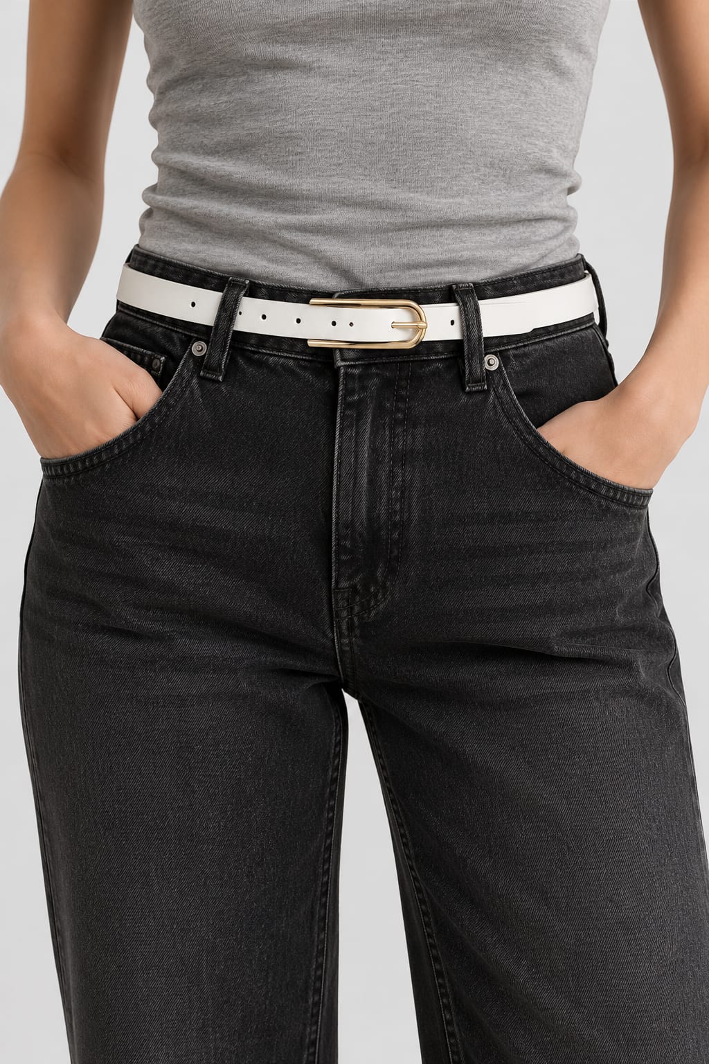 White Slim Belt with Gold Elongated Buckle