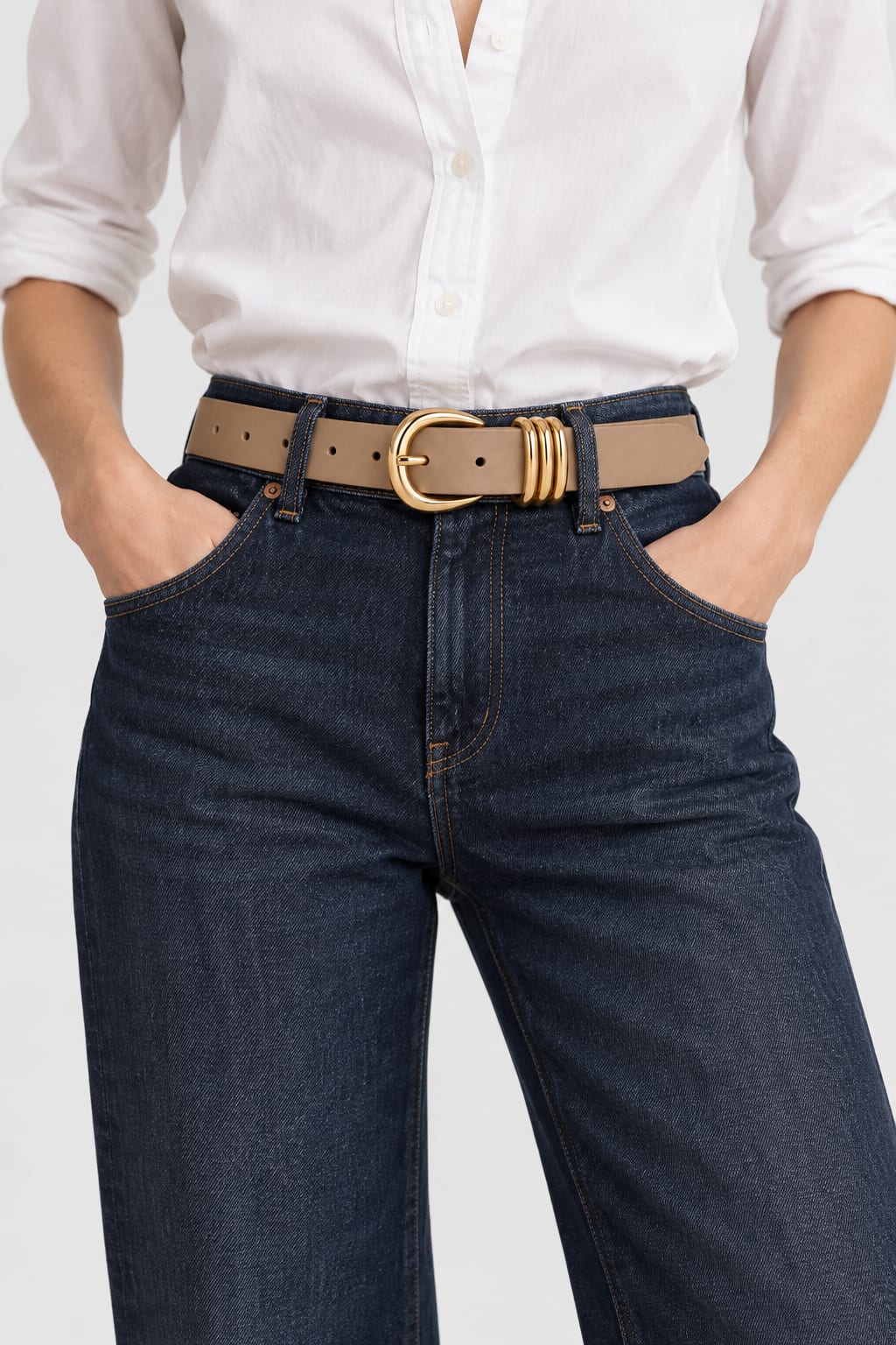 Belt | Beige Triple-Loop Gold-Buckle Gold Belt CIZARO - Cizaro Jeans