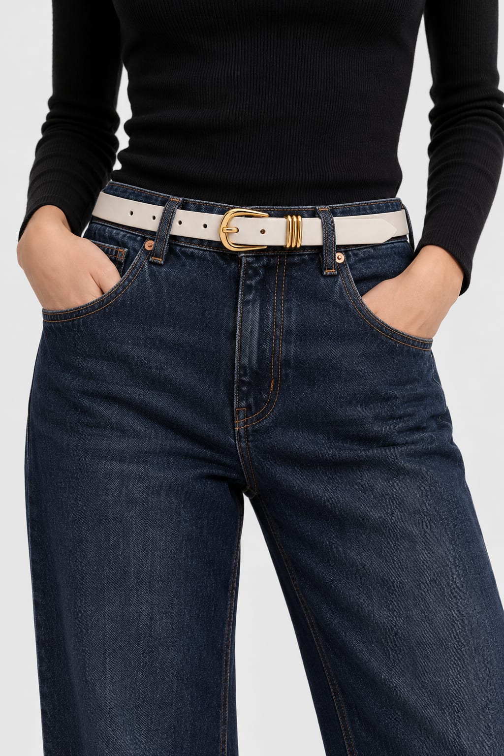 Belt | White Triple-Loop Gold-Buckle Gold Belt CIZARO - Cizaro Jeans