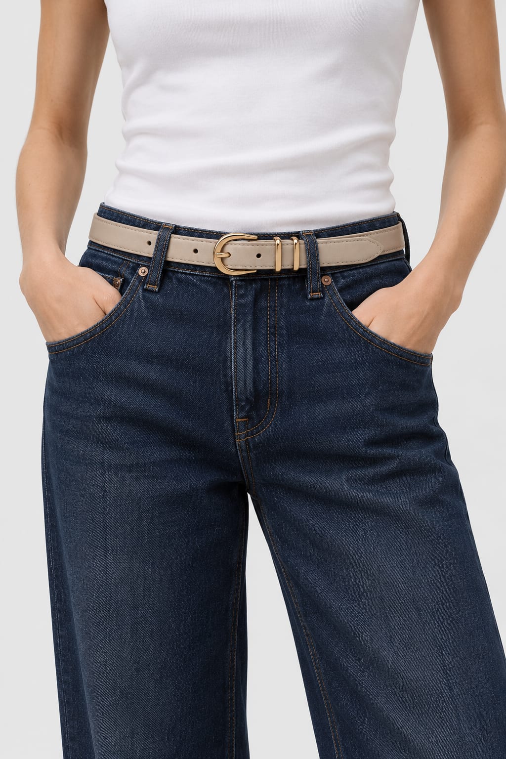 Belt | Beige Stitched Gold-Buckle Gold Belt CIZARO - Cizaro Jeans
