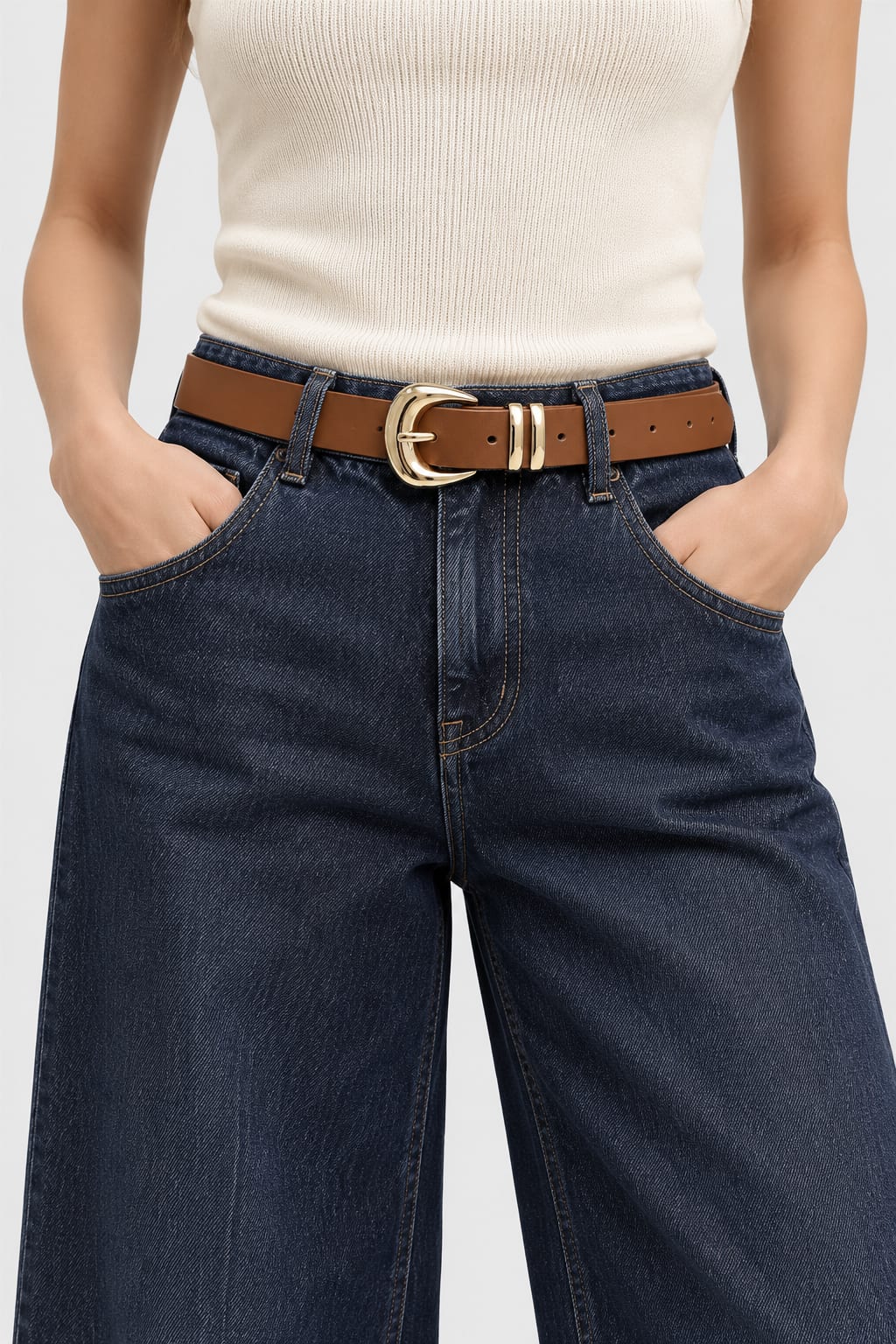 Belt | Tan Round Gold-Buckle Gold Belt CIZARO - Cizaro Jeans