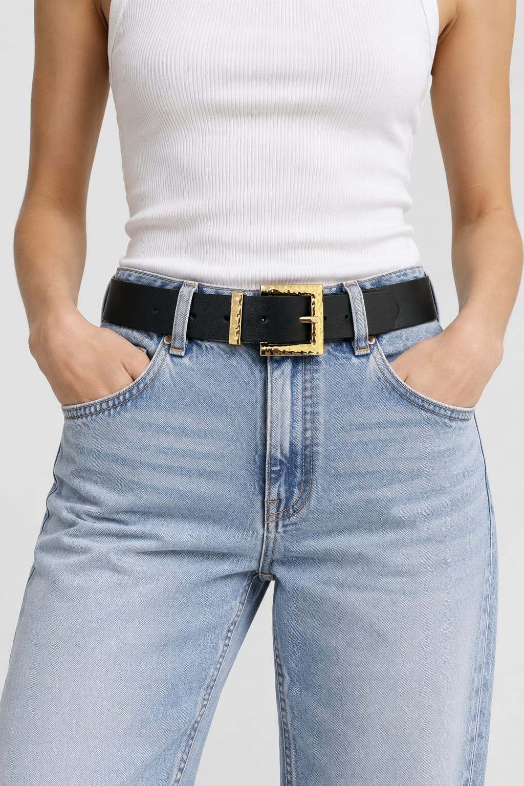 Black Belt with Hammered Gold Square Buckle Gold Belt CIZARO - Cizaro Jeans
