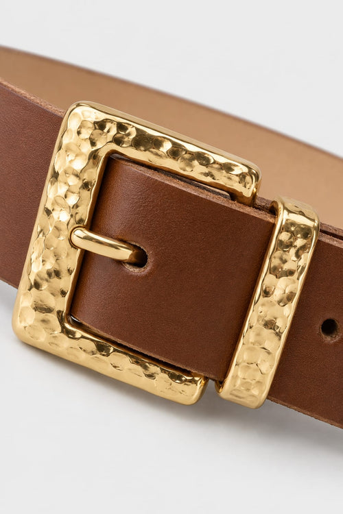 Belt | Brown Hammered Gold Square Buckle
