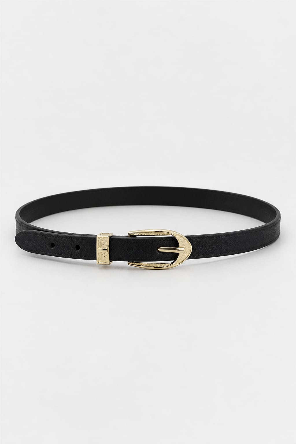 Black Slim Belt with Textured Gold Oval Buckle