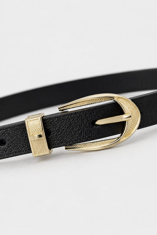 Black Slim Belt with Textured Gold Oval Buckle