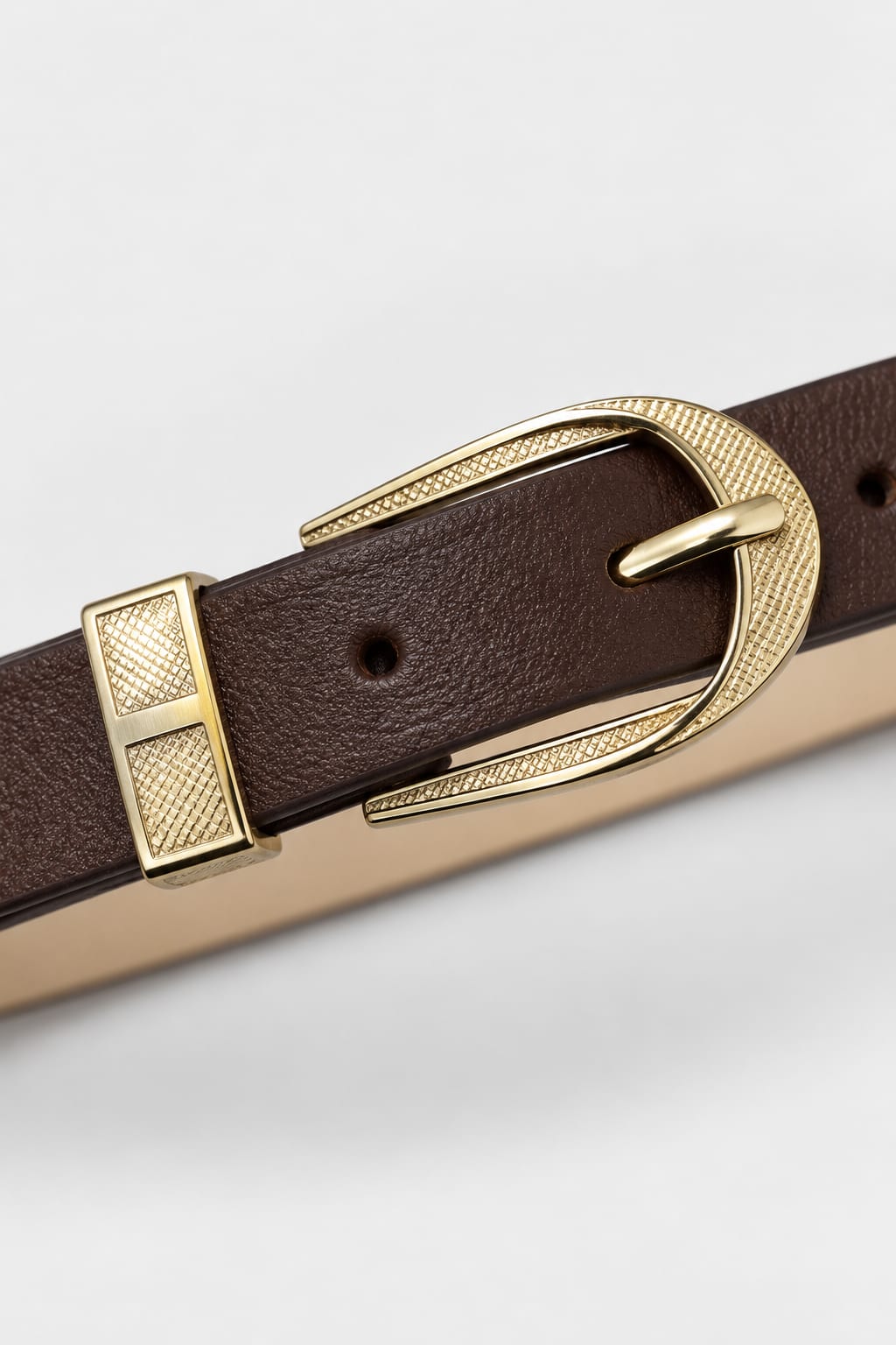 Dark Brown Slim Belt with Textured Gold Oval Buckle
