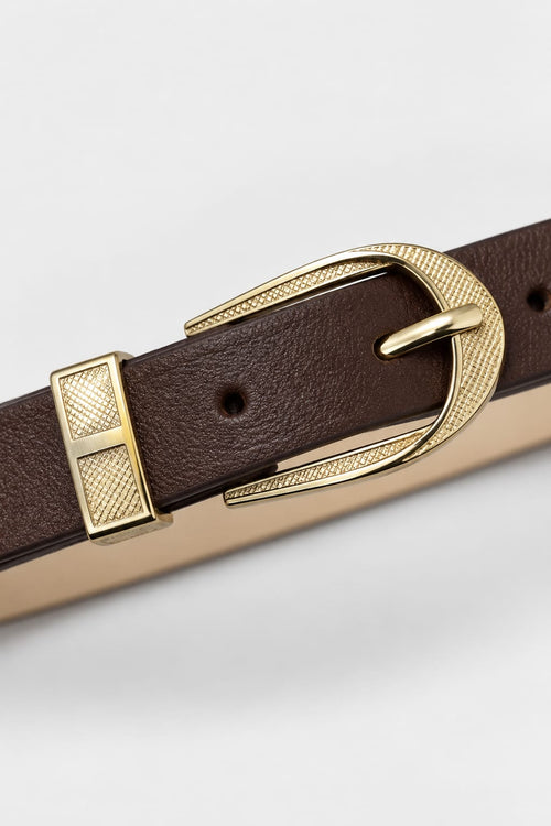 Belt | Dark Brown Slim Textured Gold Oval Buckle