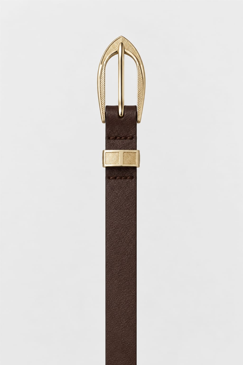Dark Brown Slim Belt with Textured Gold Oval Buckle