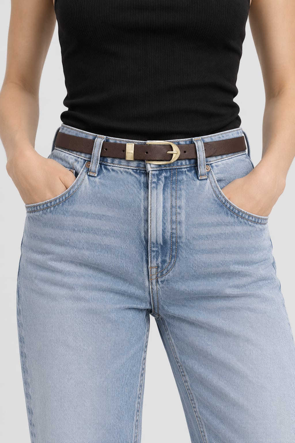Dark Brown Slim Belt with Textured Gold Oval Buckle