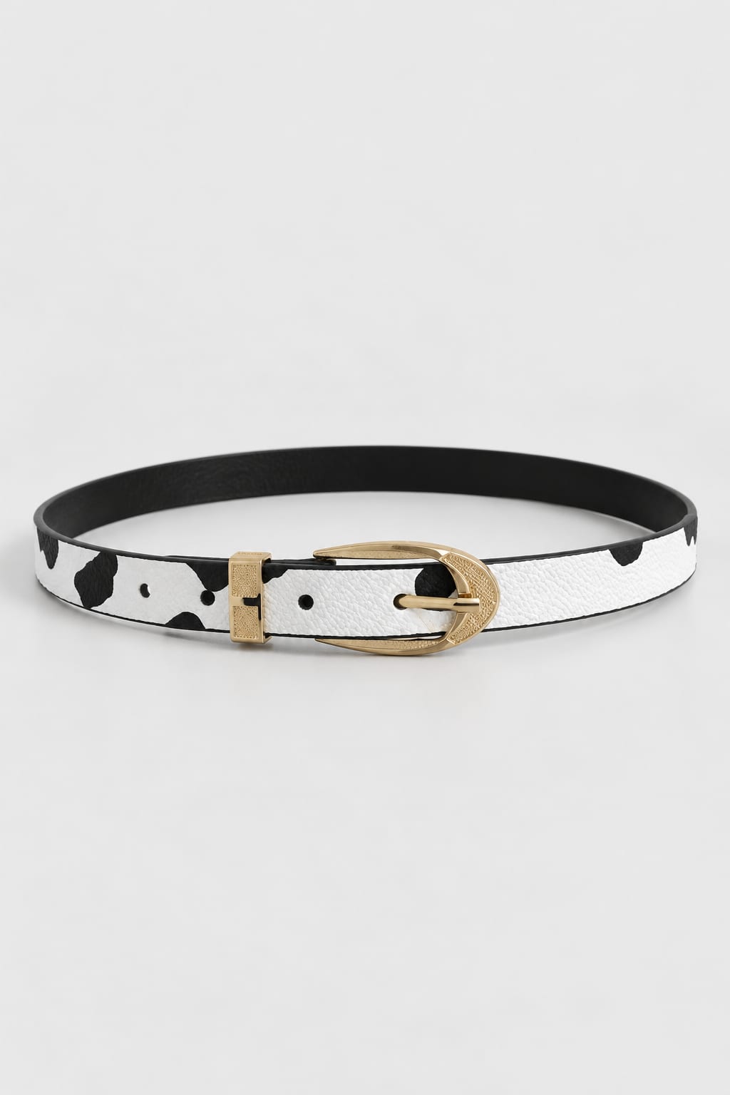 Cow Print Slim Belt with Textured Gold Oval Buckle