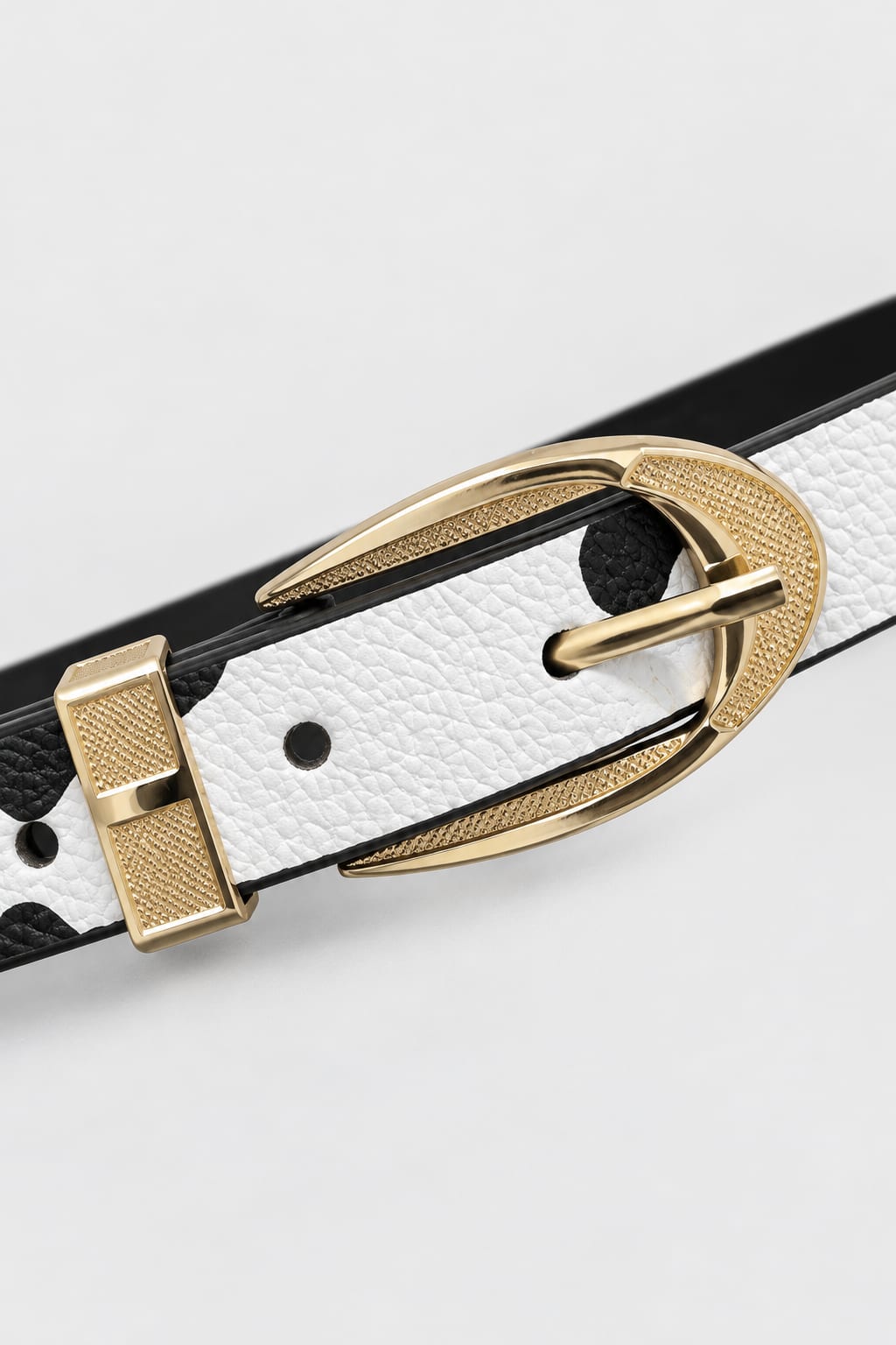 Cow Print Slim Belt with Textured Gold Oval Buckle