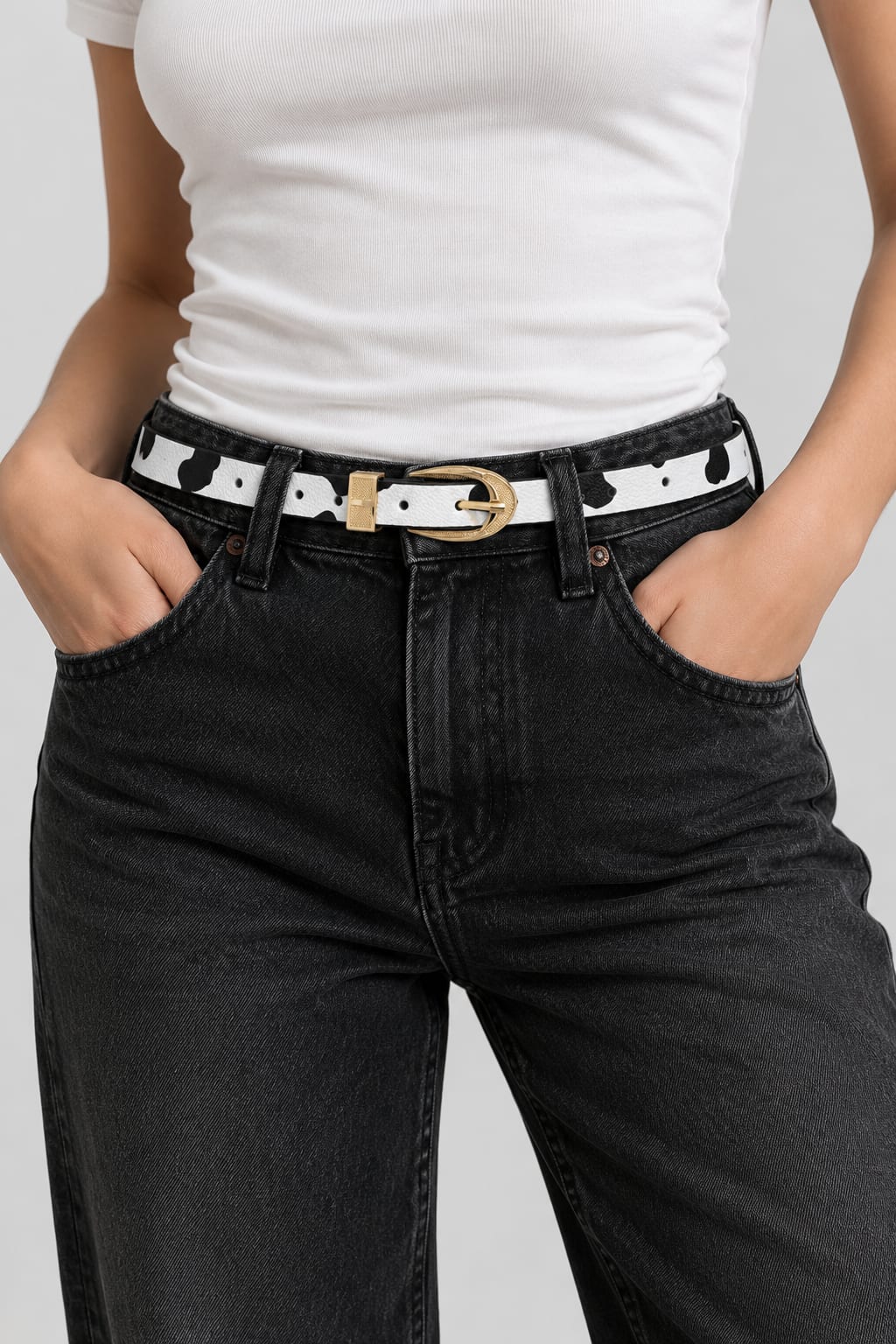 Cow Print Slim Belt with Textured Gold Oval Buckle