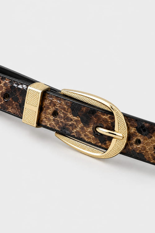 Belt | Snake Print Slim Textured Gold Oval Buckle