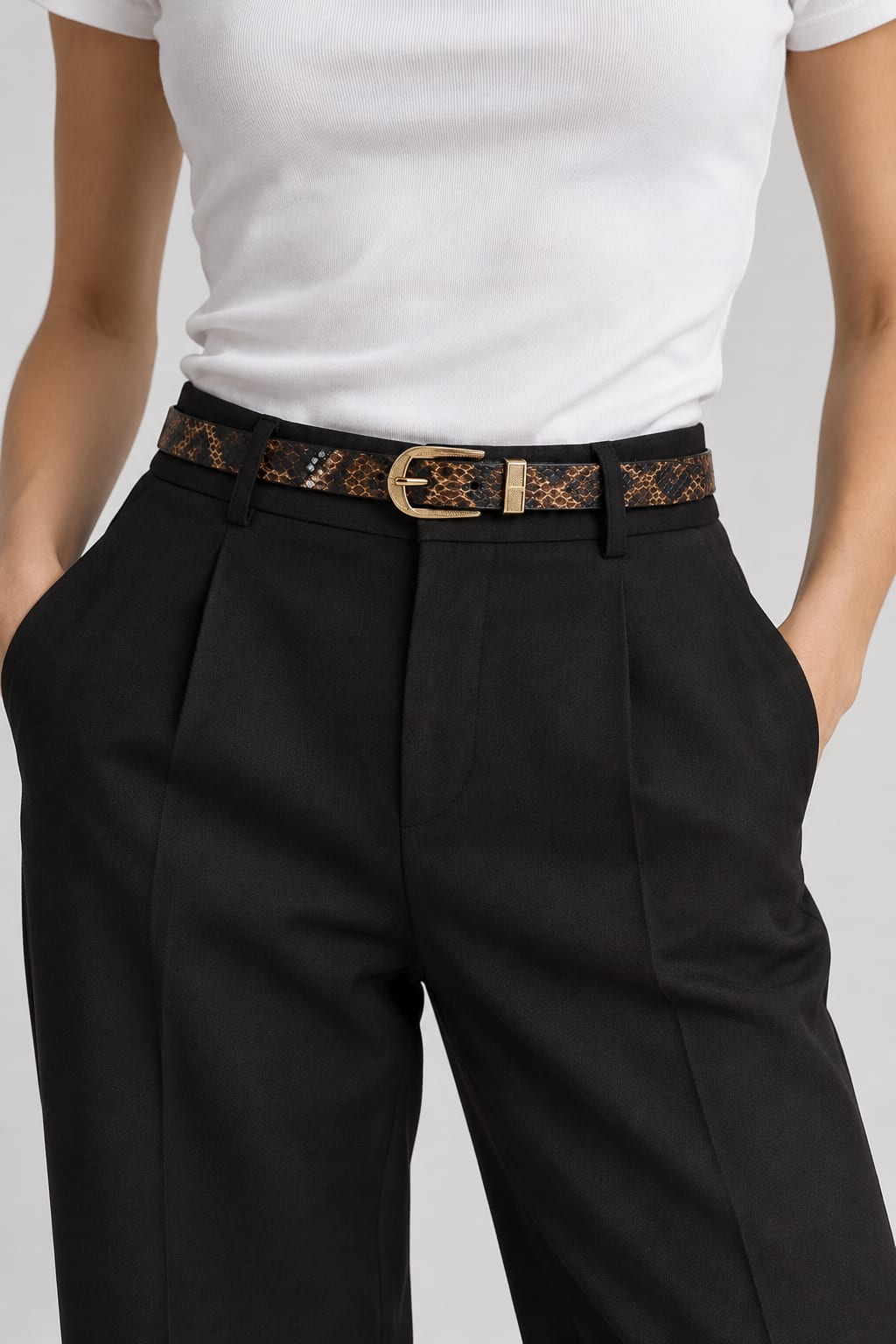 Snake Print Slim Belt with Textured Gold Oval Buckle