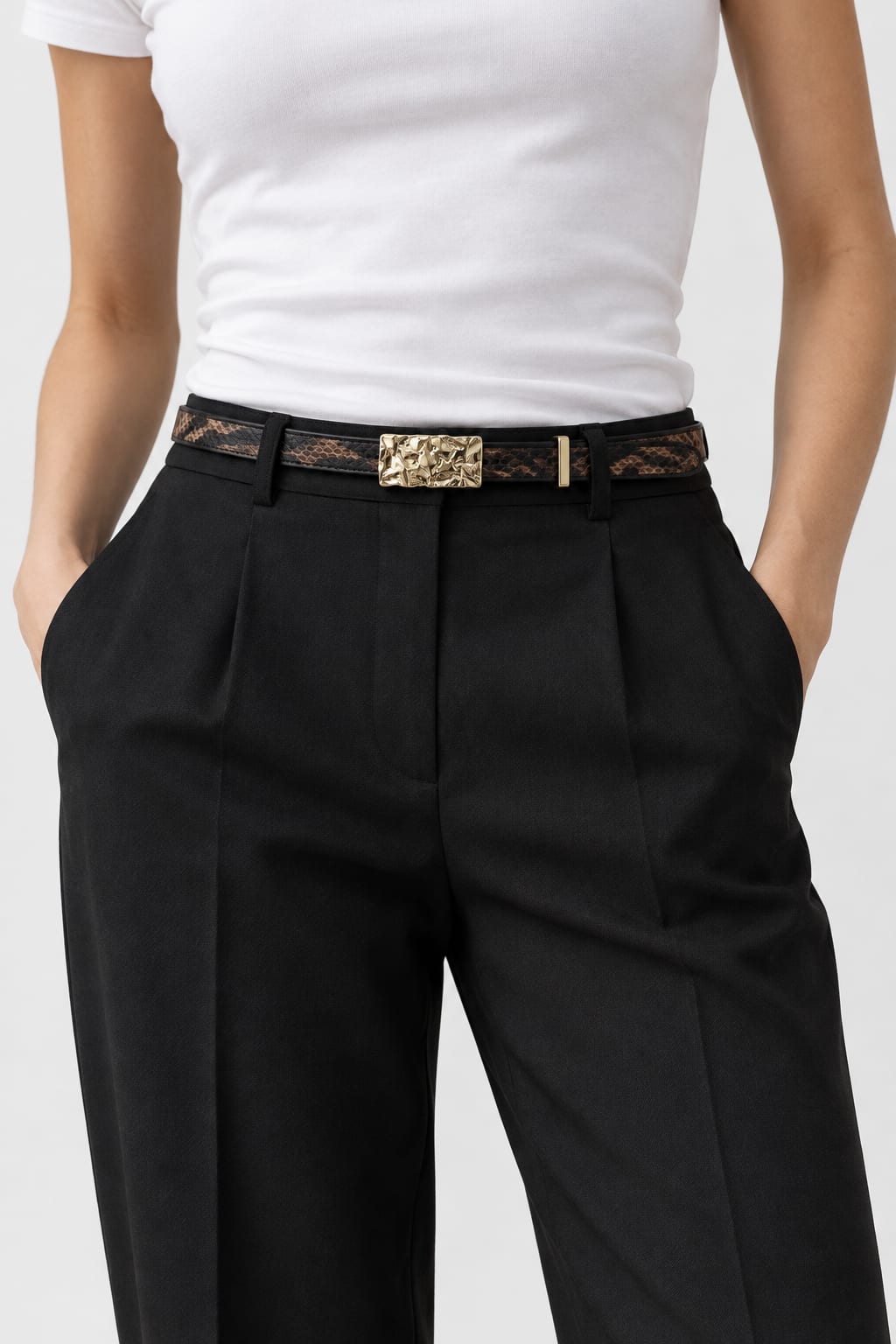 Belt | Snake Print Textured Gold-Buckle Gold Belt CIZARO - Cizaro Jeans