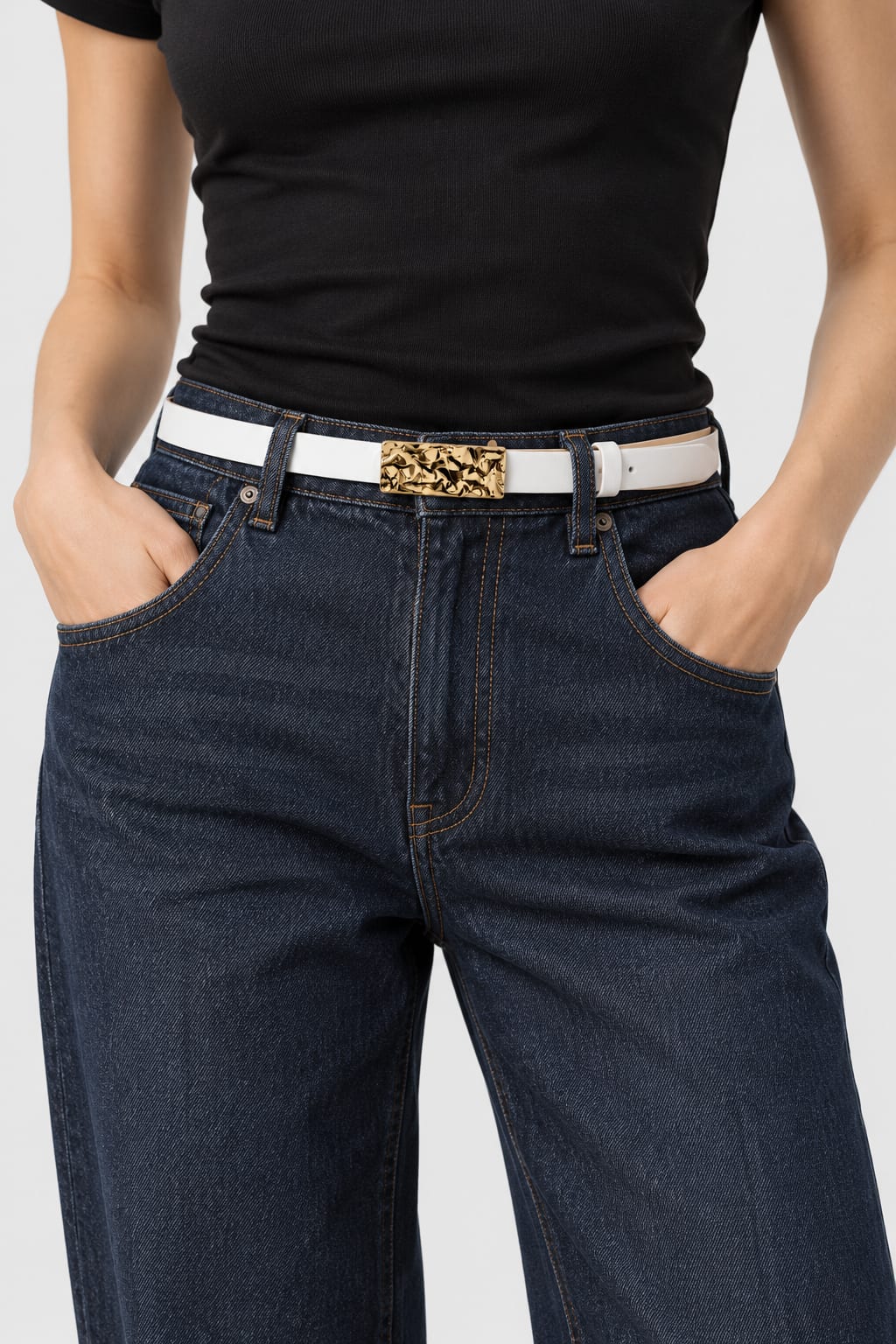 Belt | White Textured Gold-Buckle Gold Belt CIZARO - Cizaro Jeans