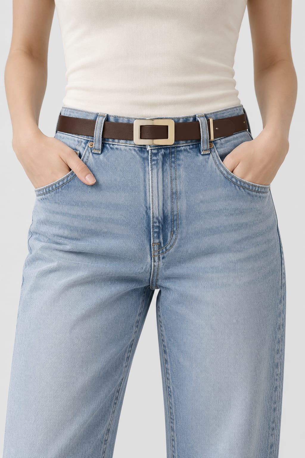 Dark Brown Slim Belt with Gold Square Buckle