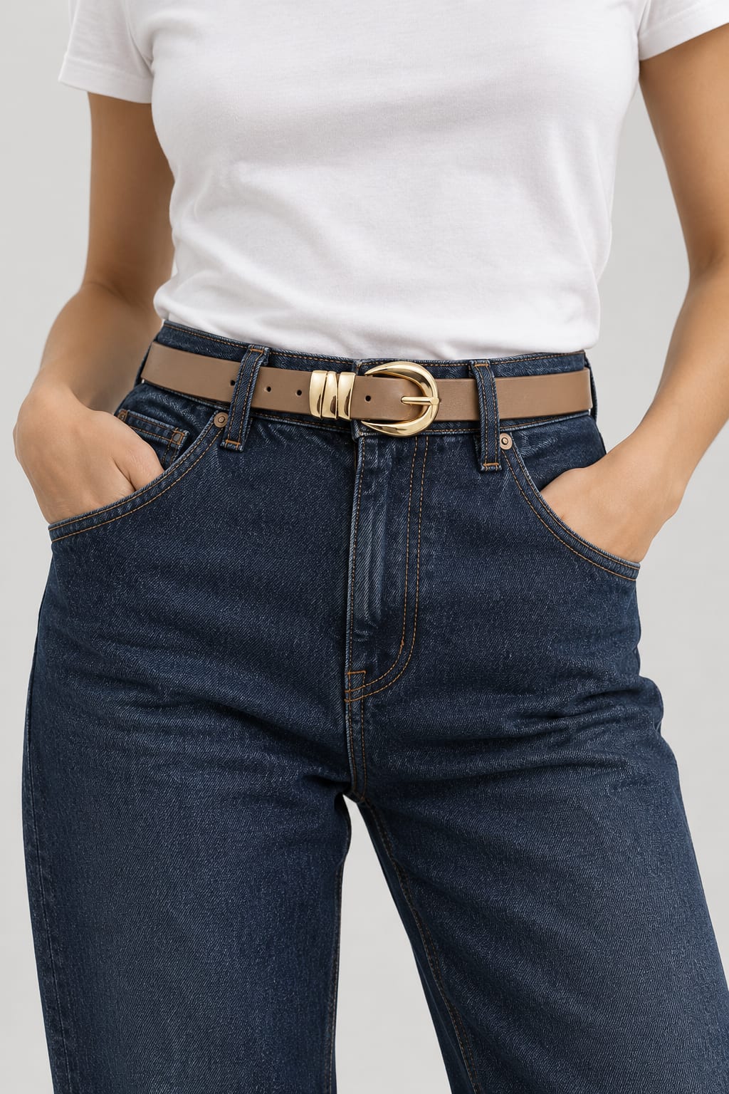 Beige Slim Belt with Gold Round Buckle