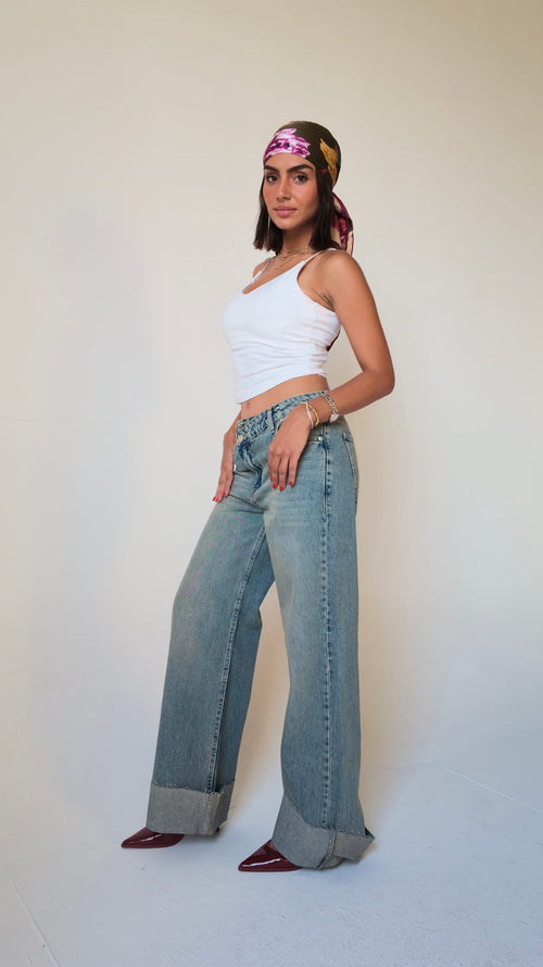 Baggy Mid-Waist Vintage Blue Turn-Up Jeans Baggy CIZARO - Cizaro Jeans
