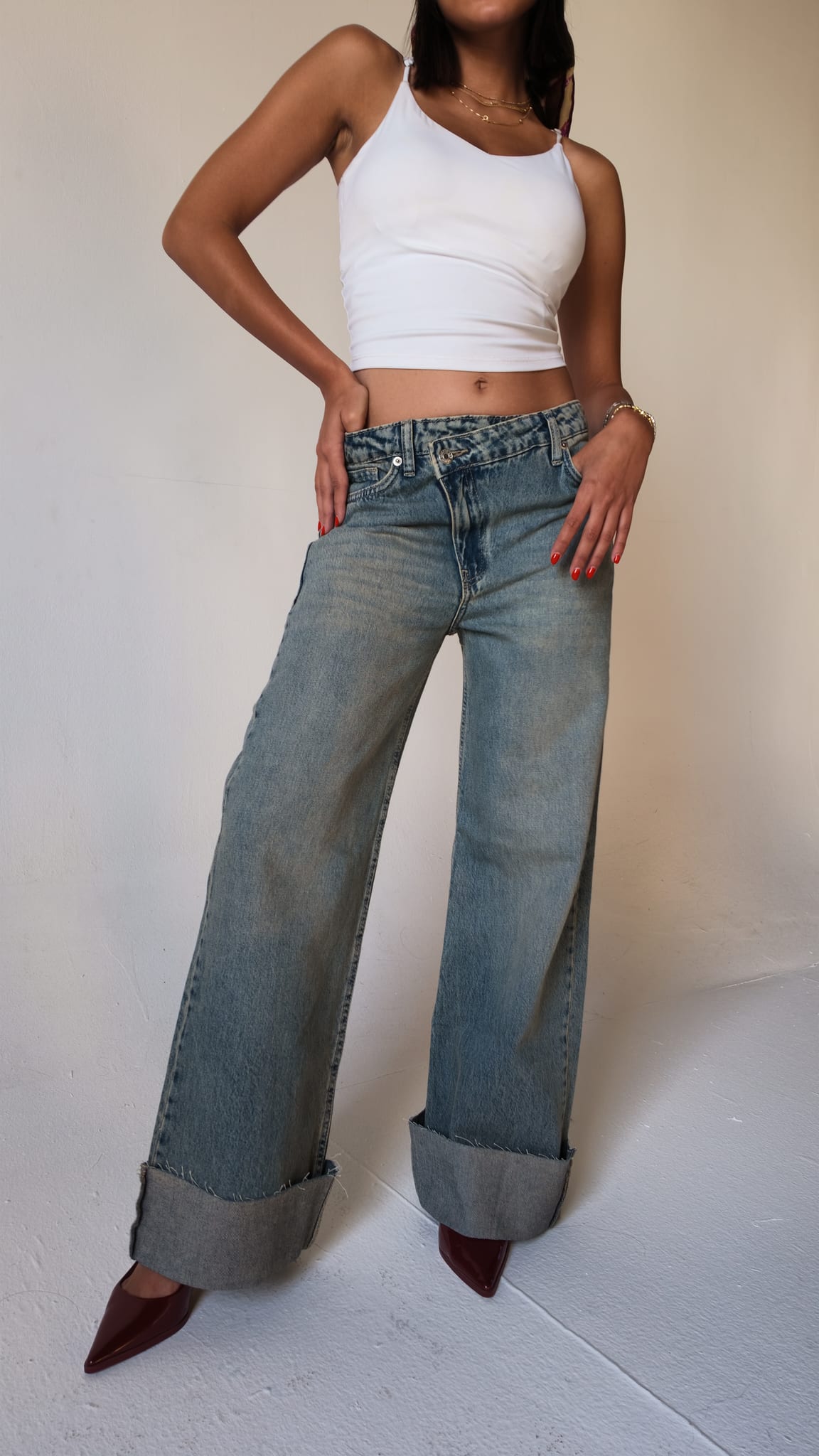 Baggy Mid-Waist Vintage Blue Turn-Up Jeans Baggy CIZARO - Cizaro Jeans