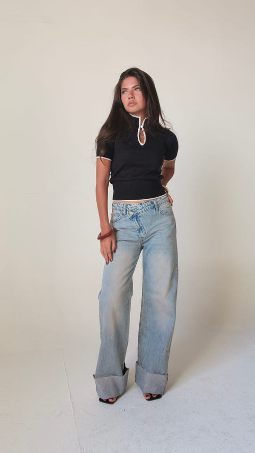 Baggy Mid-Waist Light Vintage Blue Turn-Up Jeans Baggy CIZARO - Cizaro Jeans