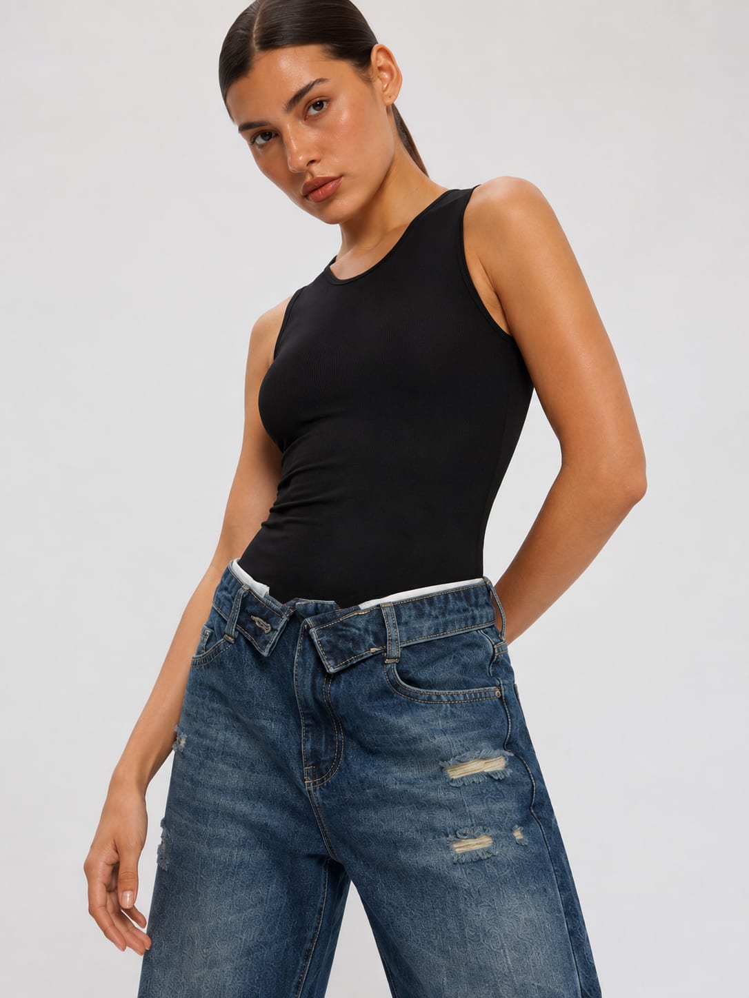 Baggy Low-Waist Dark Vintage Blue Ripped Jeans