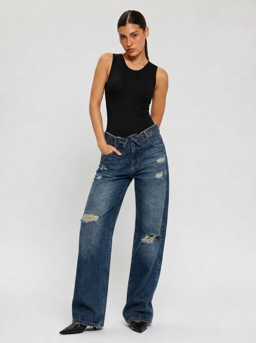 Baggy Low-Waist Dark Vintage Blue Ripped Jeans