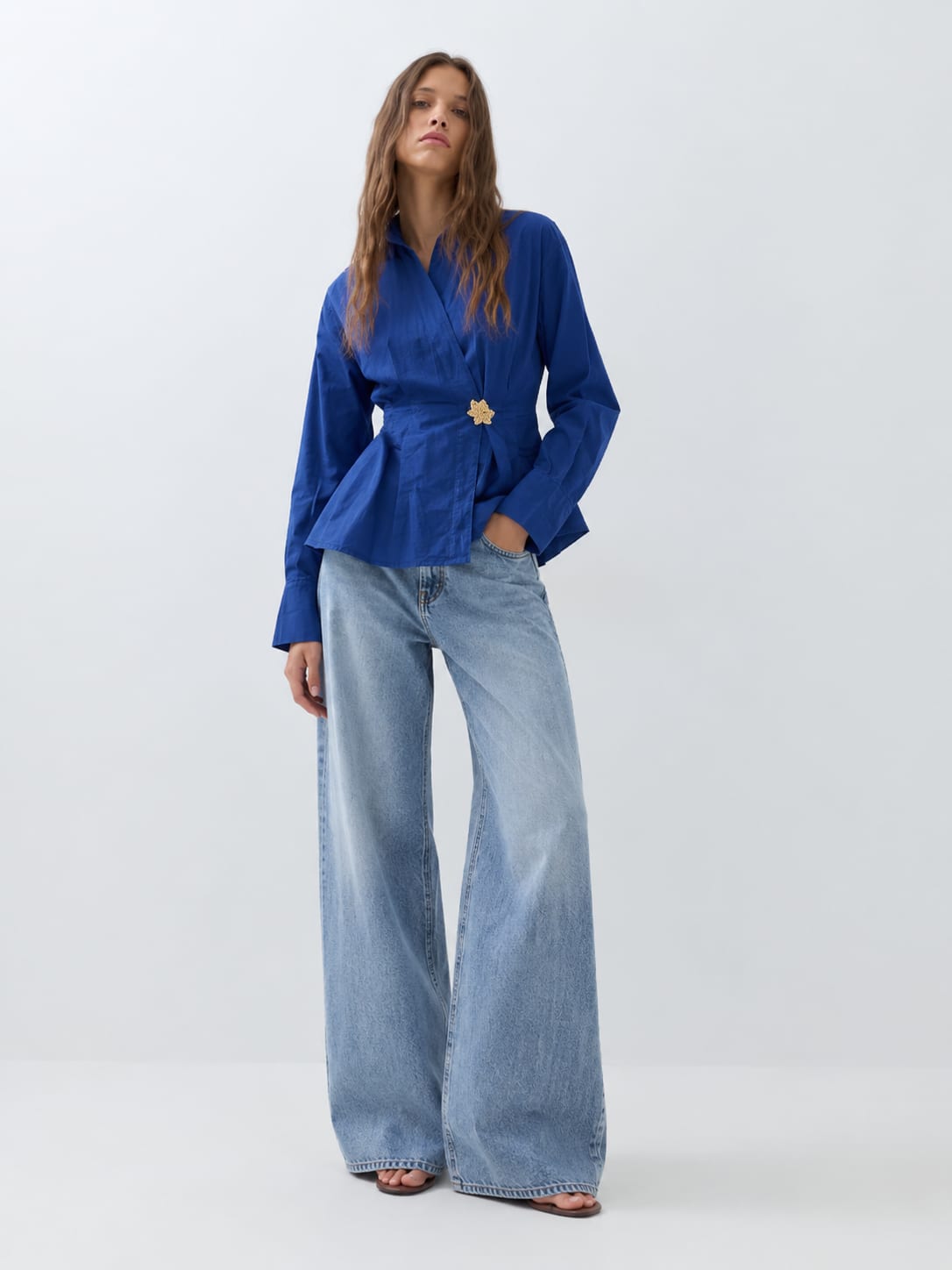 Women Long Sleeve Blue Wrap Blouse