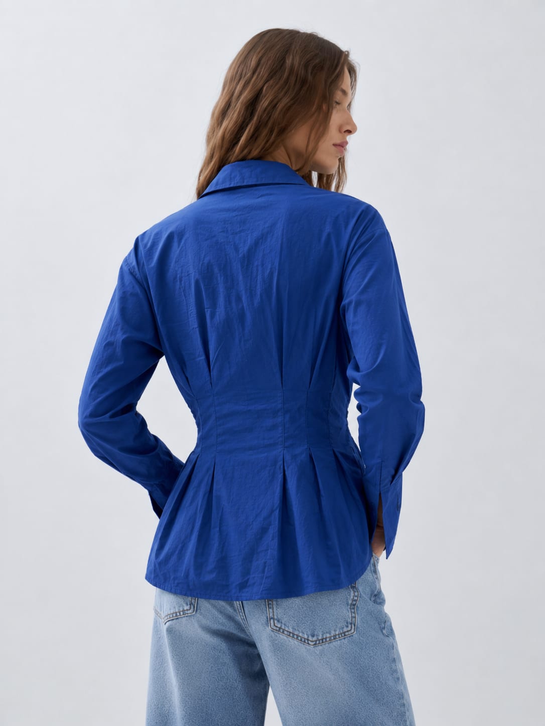 Women Long Sleeve Blue Wrap Blouse
