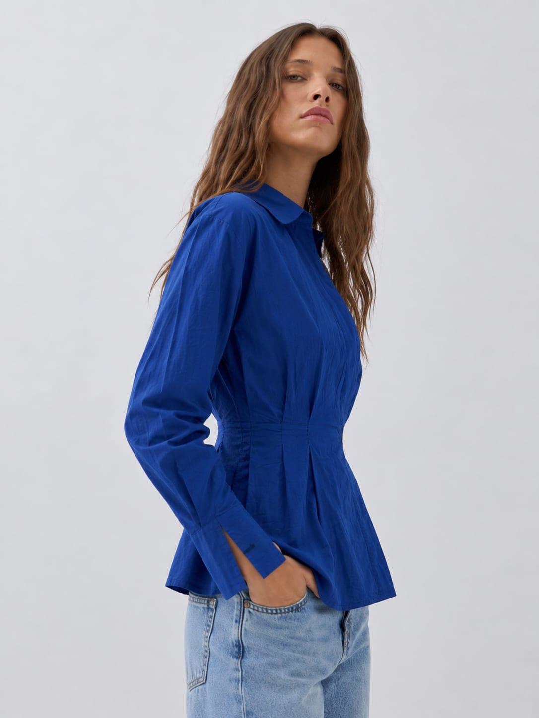 Women Long Sleeve Blue Wrap Blouse